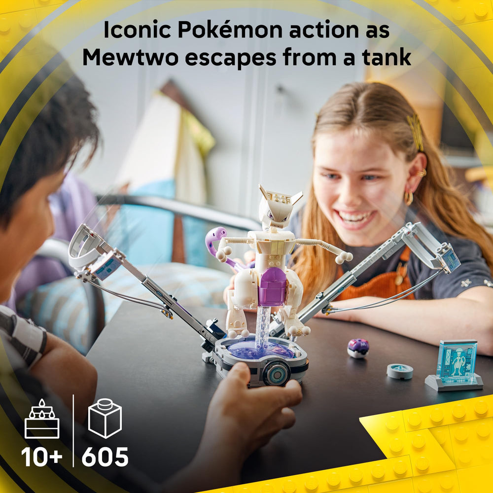 LEGO Mewtwo figura articulada destacando posabilidad y detalle de la marca LEGO