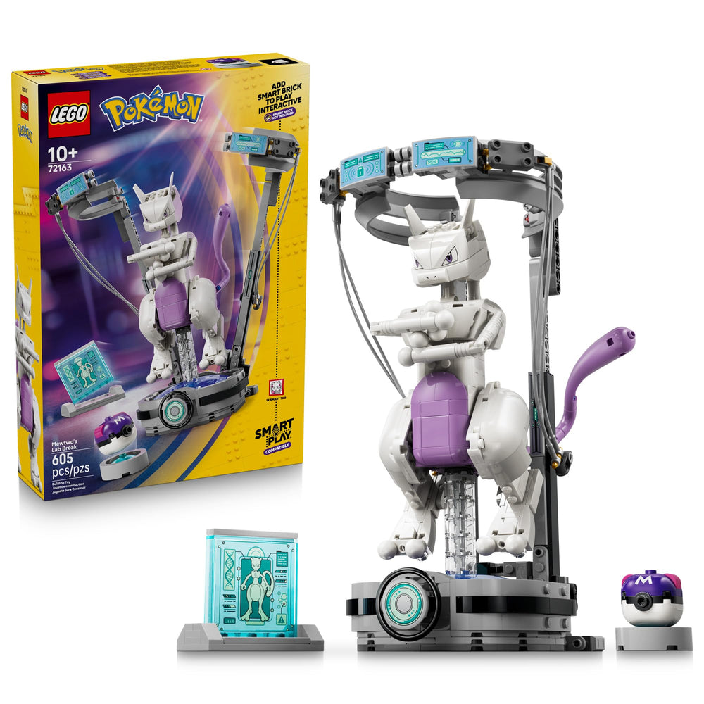 LEGO Mewtwo frontal del set mostrando la cápsula y beneficios de juego