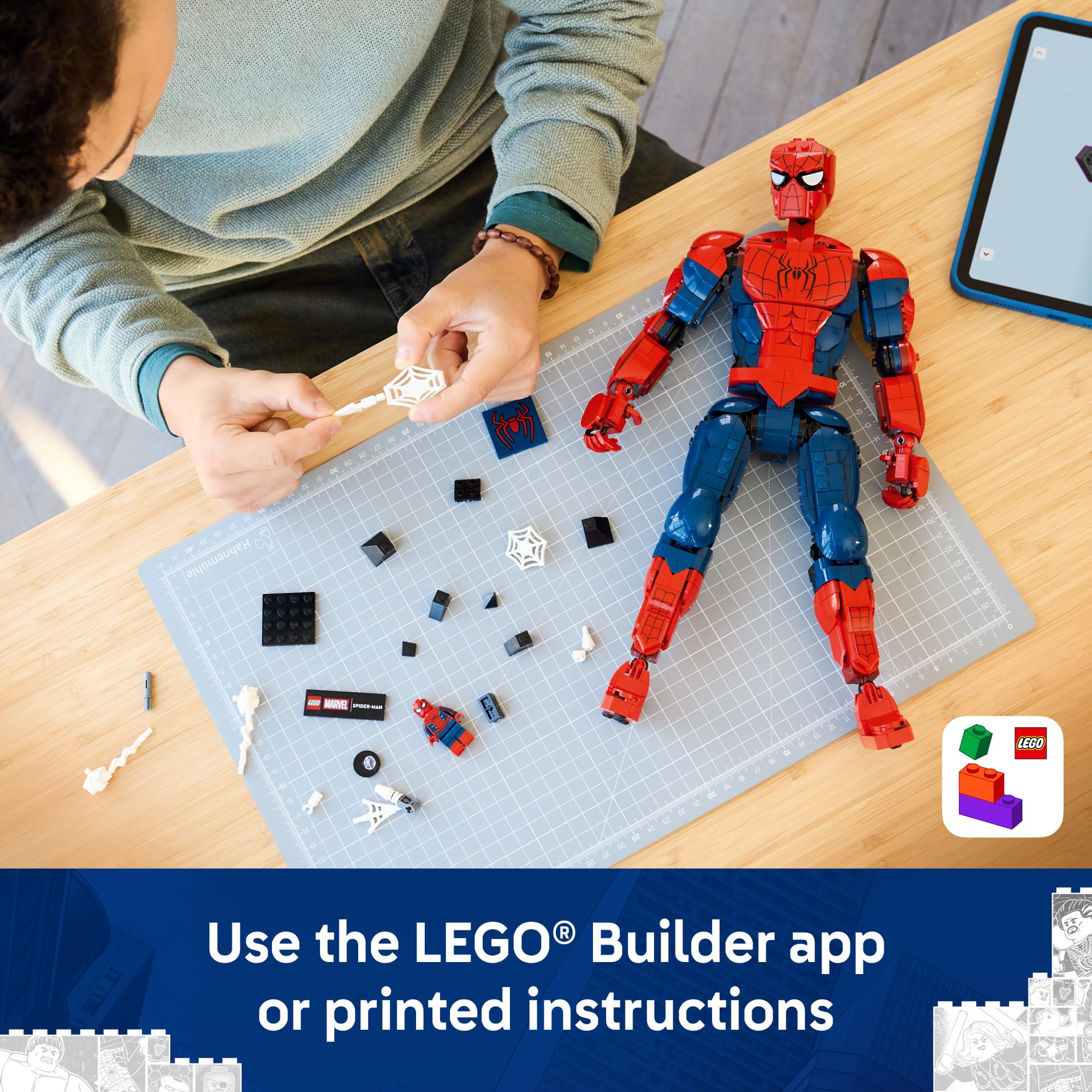 LEGO Spider-Man caja y placa con nombre, presentación lista para regalo