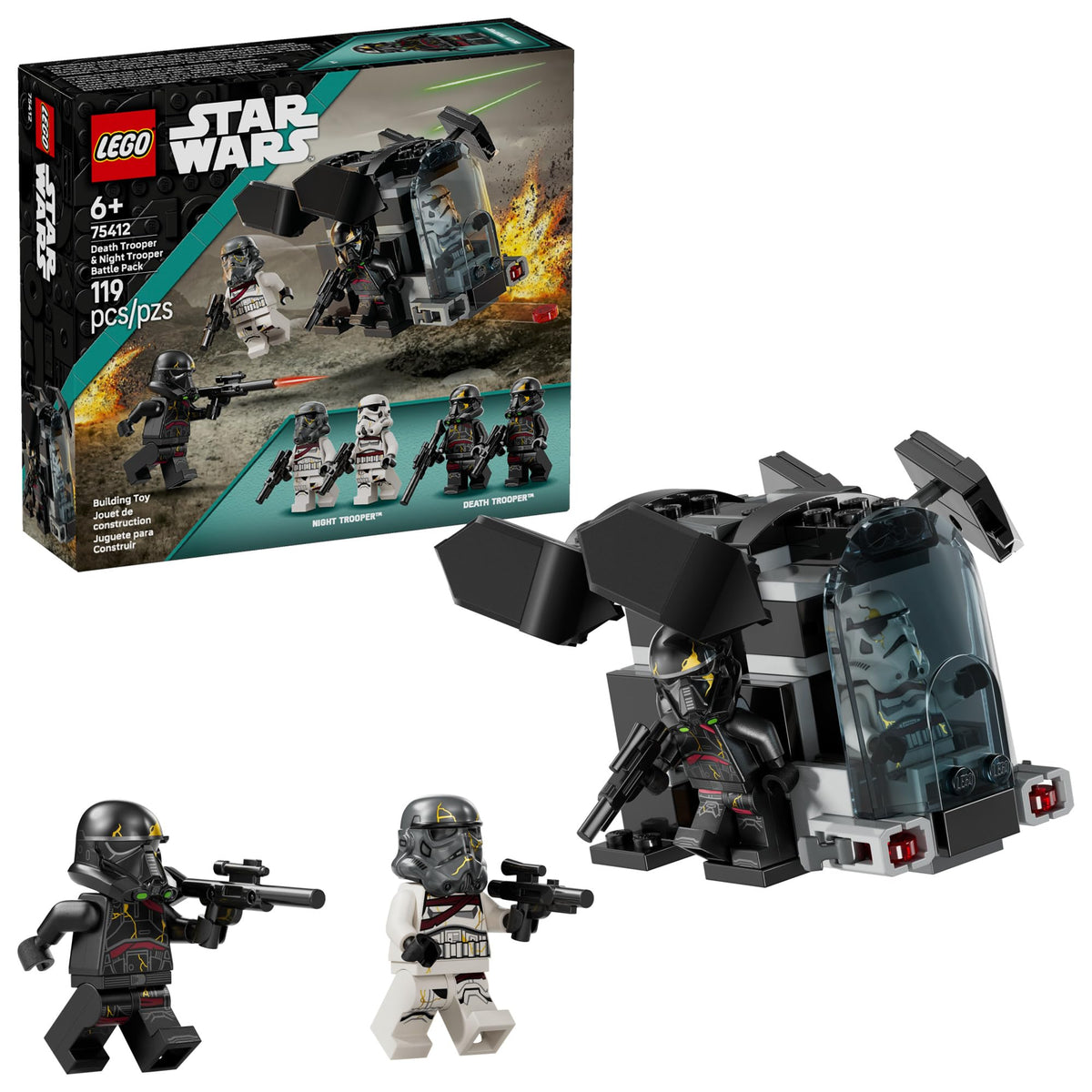 LEGO frontal del paquete 75412 mostrando el dropship y minifiguras, ideal para regalo