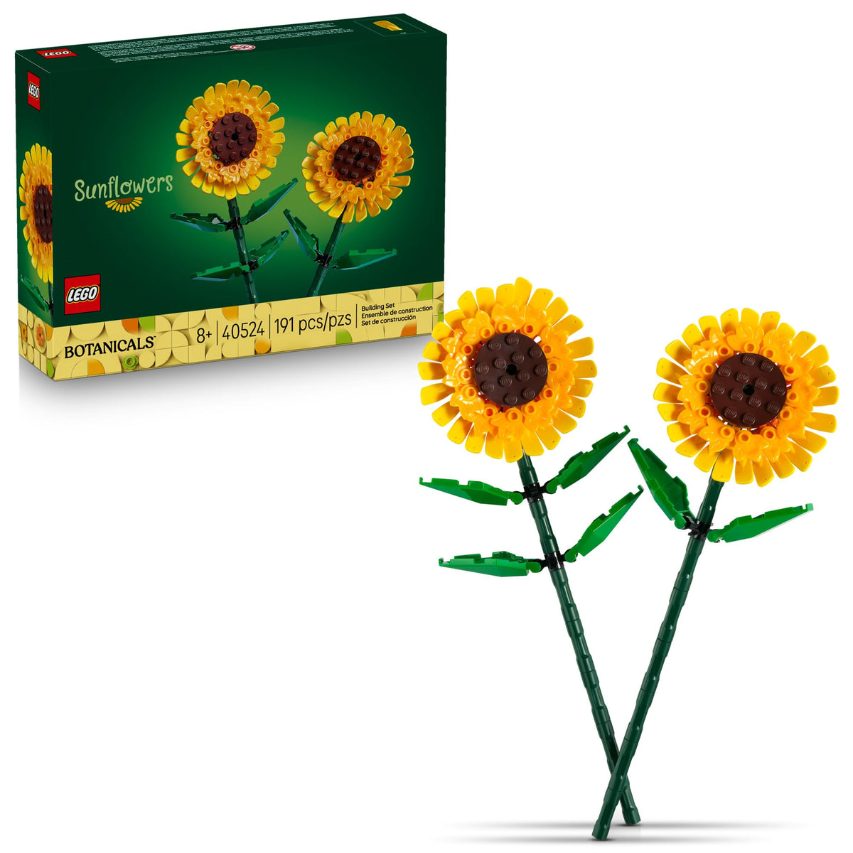 LEGO girasoles 40524 vista frontal del paquete mostrando piezas y colores brillantes