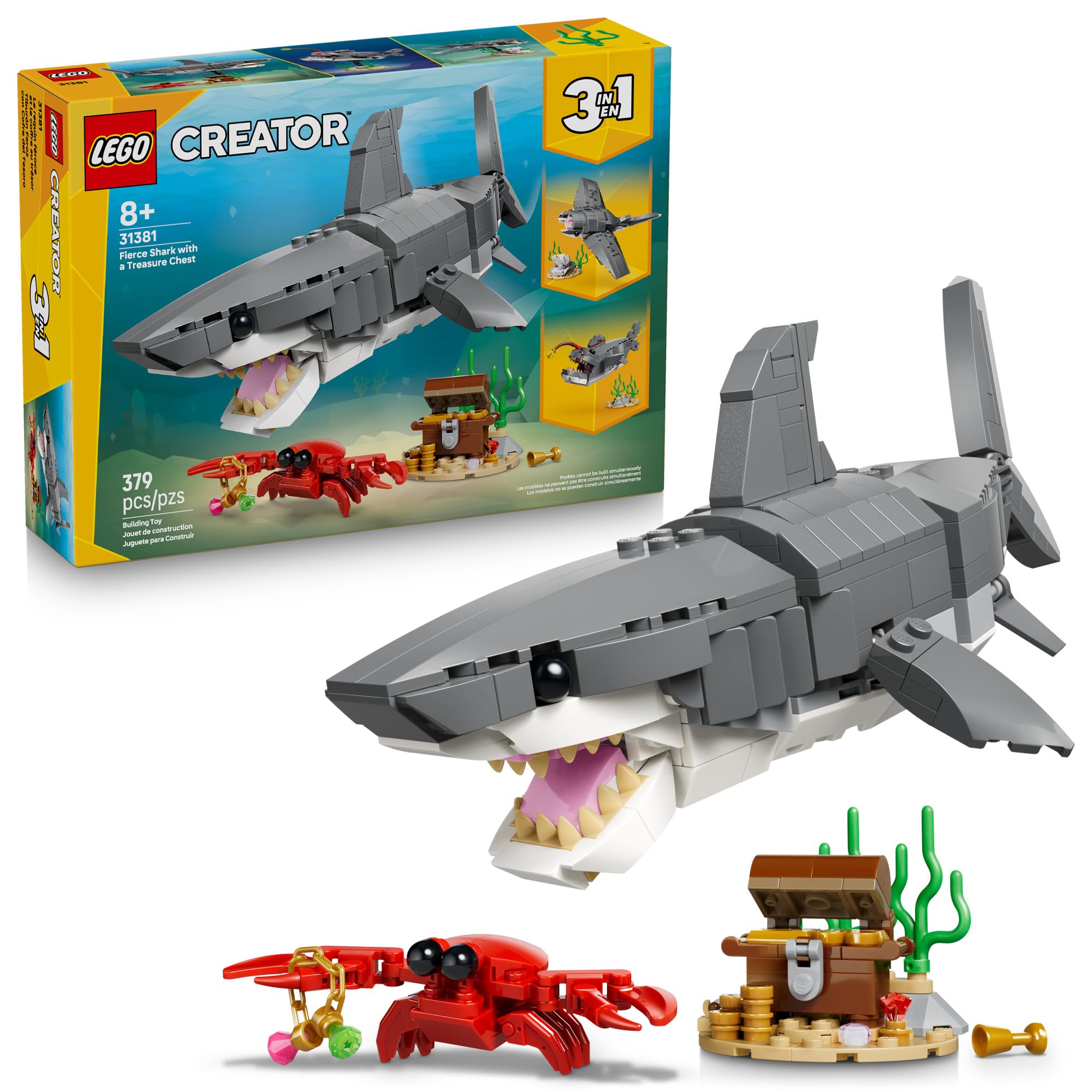 LEGO tiburón vista frontal mostrando diseño posable y atractivo decorativo