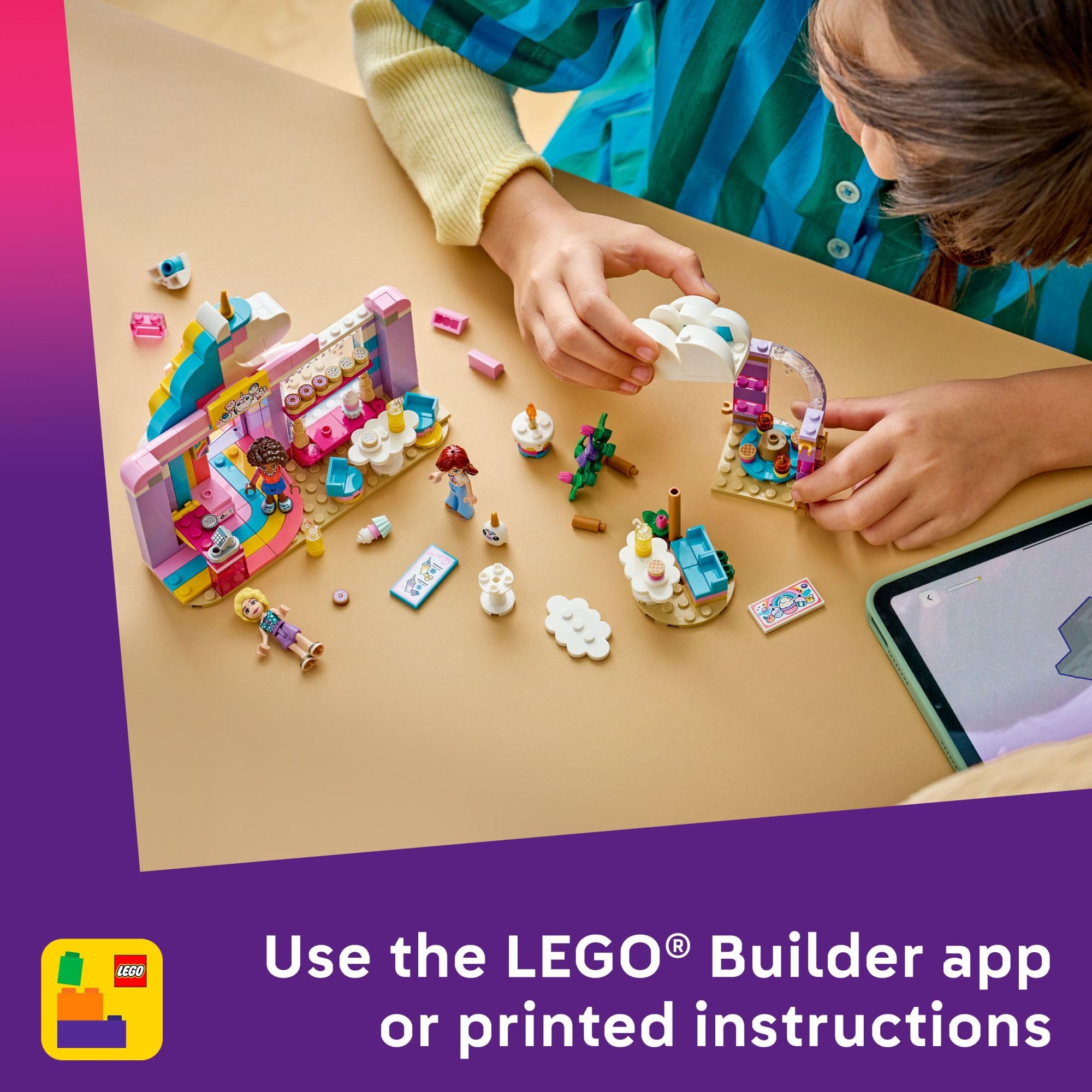 LEGO escena de juego en mesa mostrando tamaño y opciones de exhibición