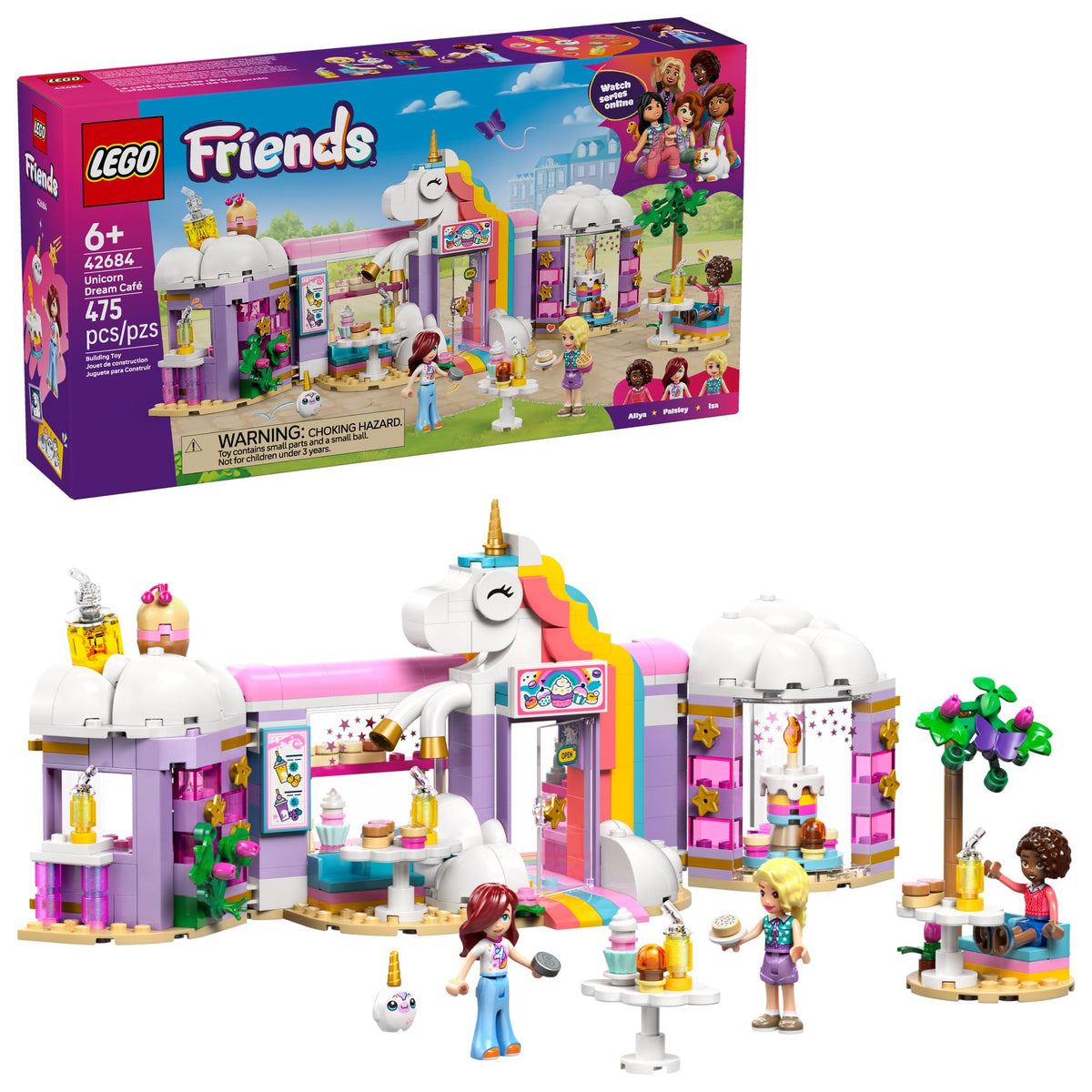 LEGO frontal del Unicorn Dream Café mostrando fachada colorida y entrada