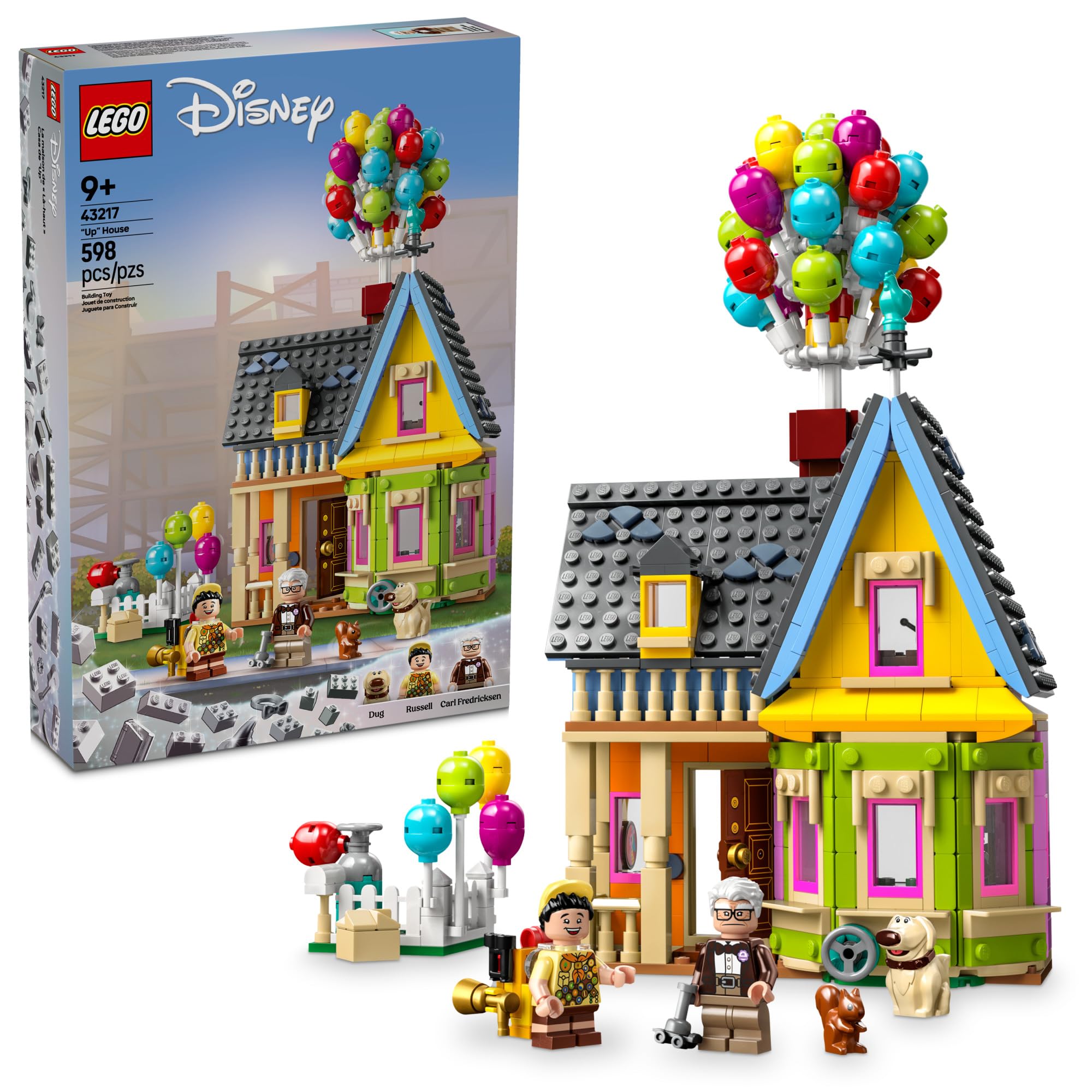 LEGO casa Up frontal mostrando fachada y globos, inspira exhibición y juego