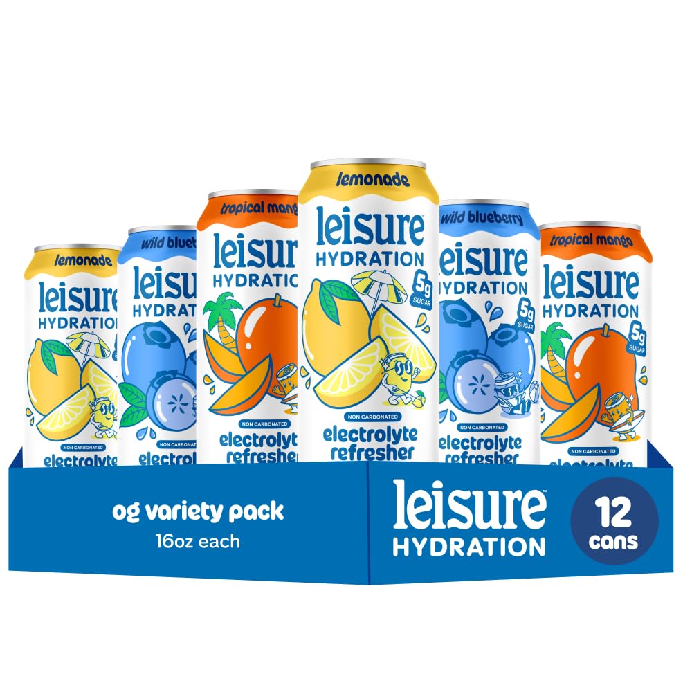 Leisure frente del empaque variedad mostrando las 12 latas y beneficios