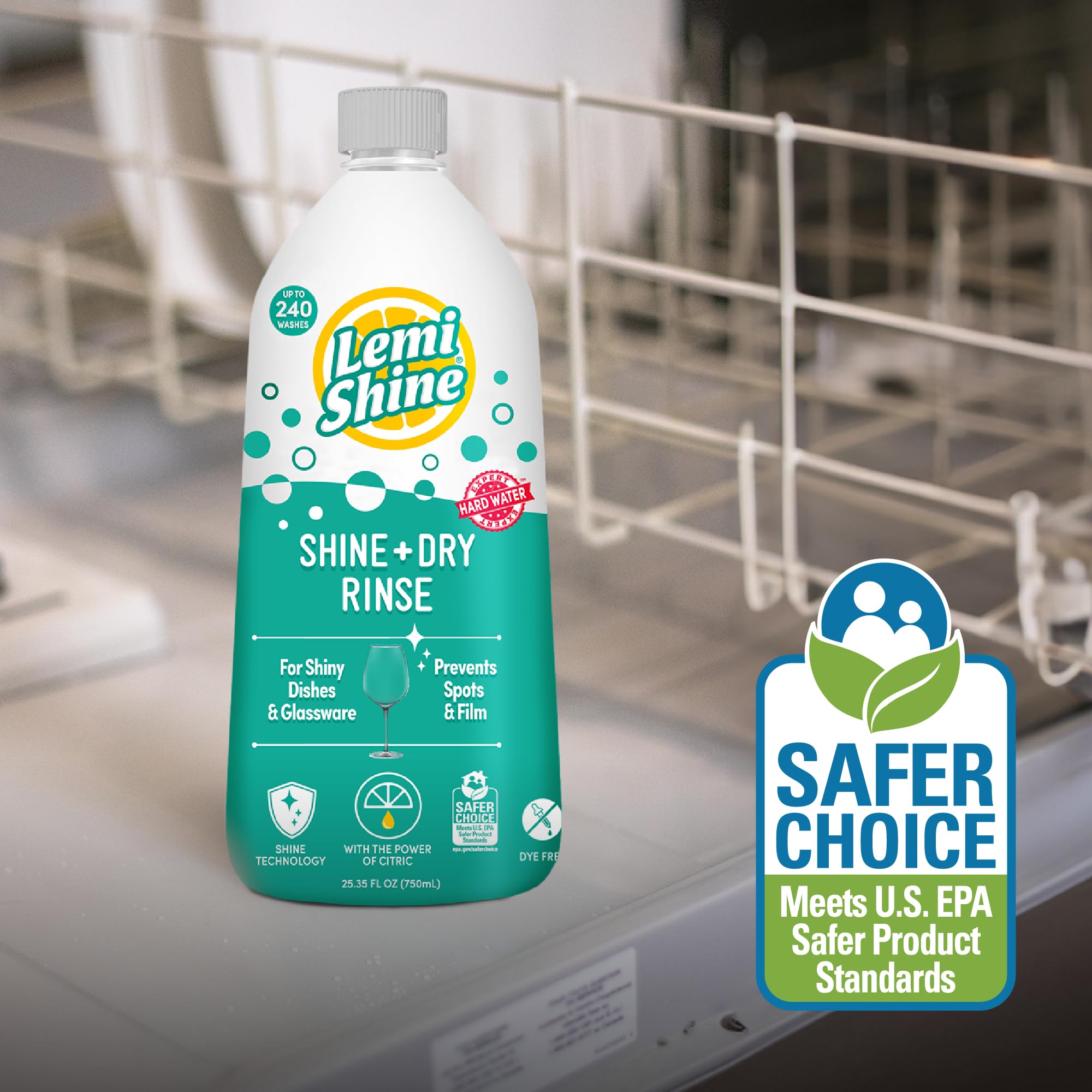 Lemi Shine cristalería brillante como beneficio visible tras el enjuague