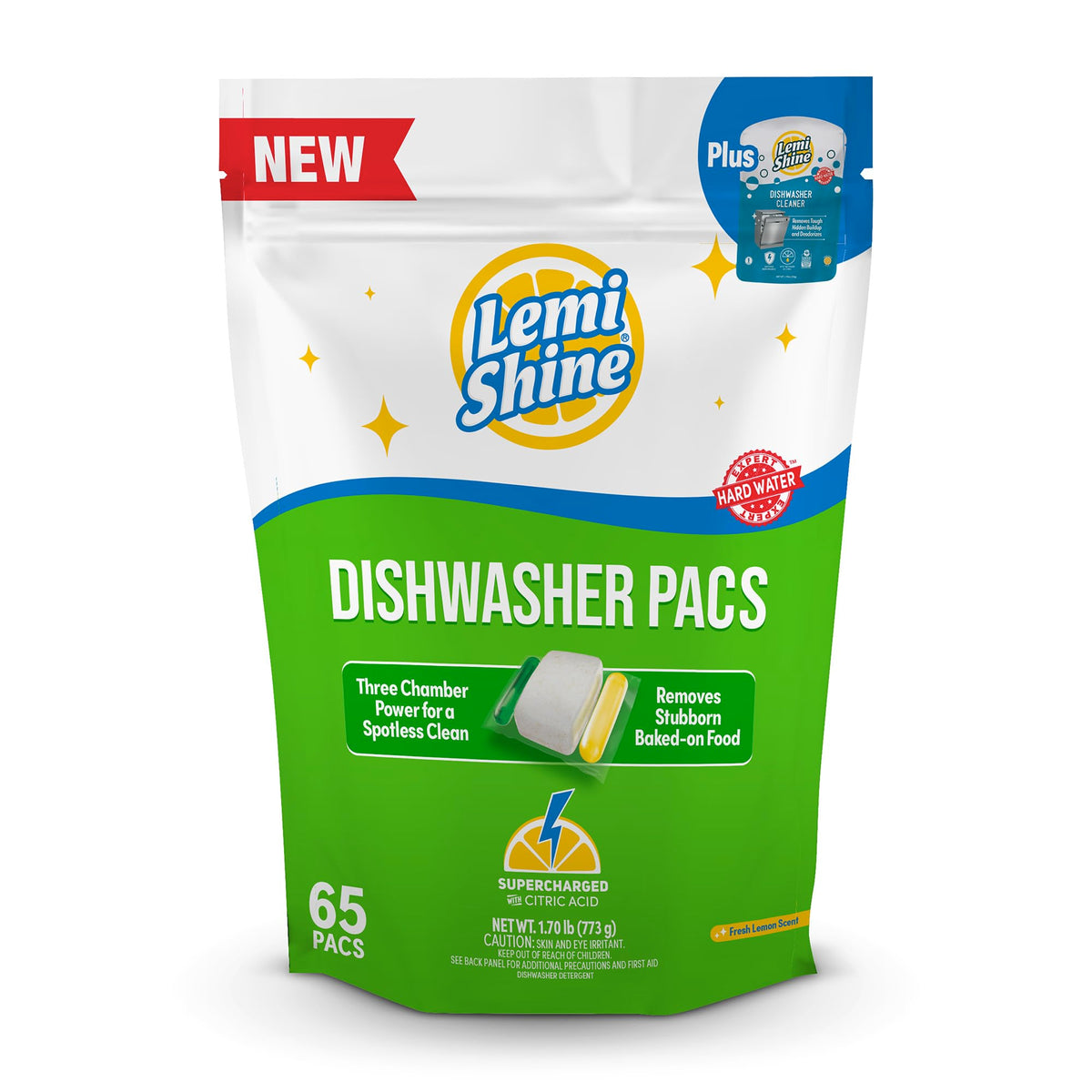 Lemi Shine frente del envase mostrando 65 pacs y etiqueta eco amigable