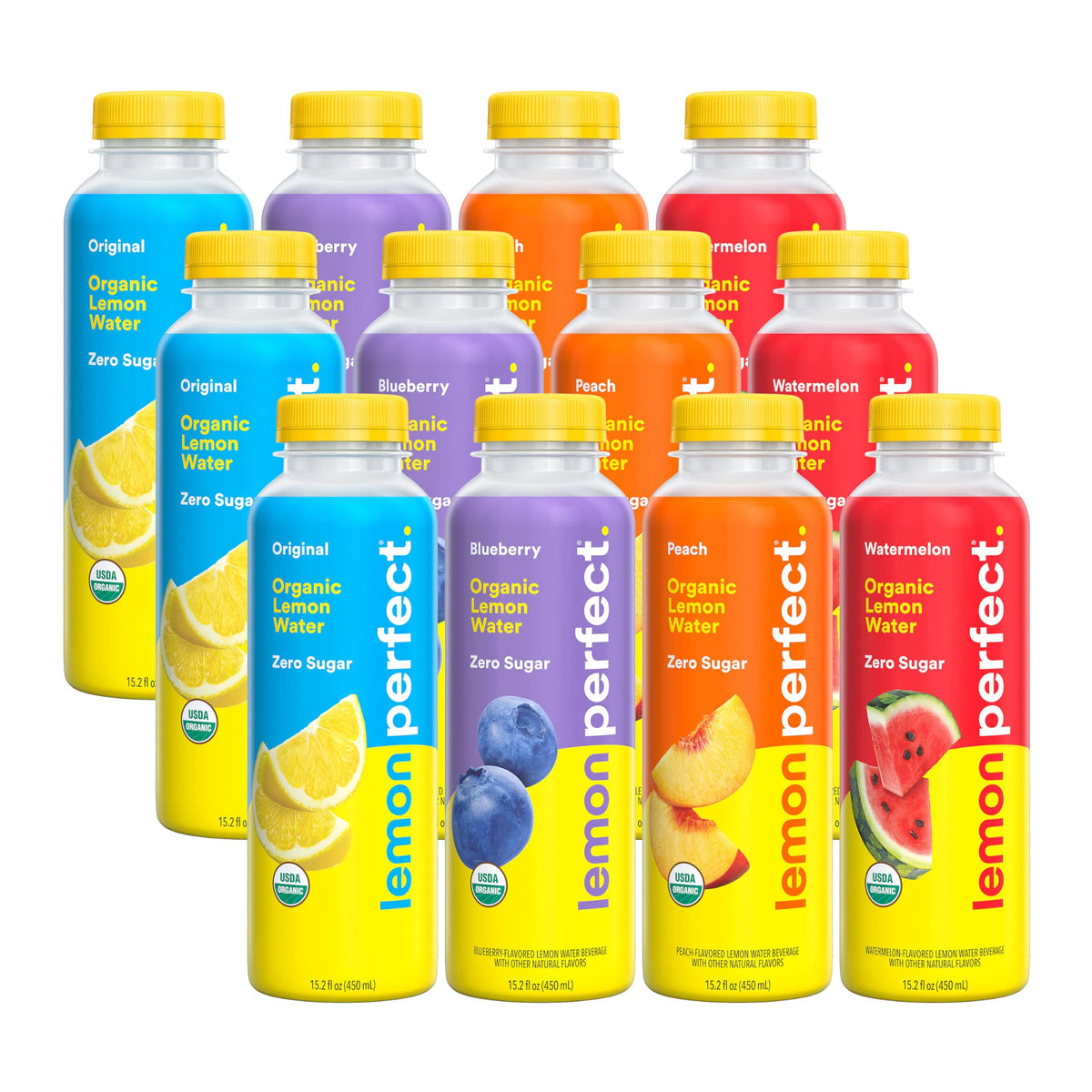 Lemon Perfect pack frontal de 12 botellas mostrando la variedad y conveniencia