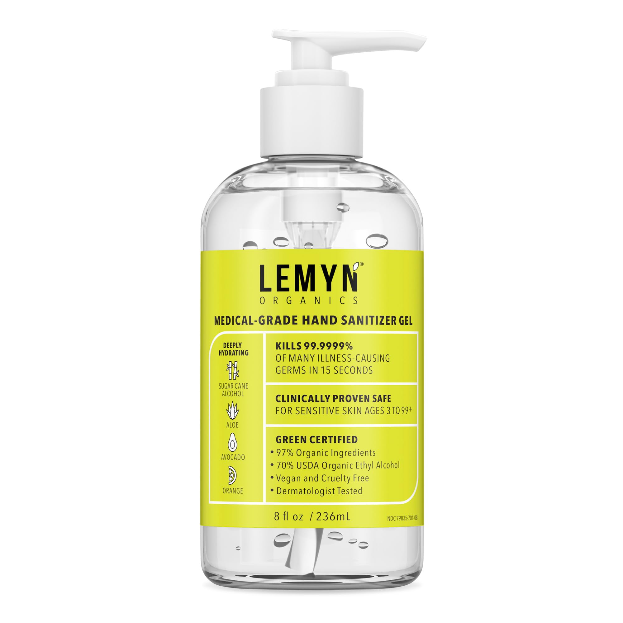 Lemyn Organics botella frontal con bomba mostrando etiqueta clara y uso fácil