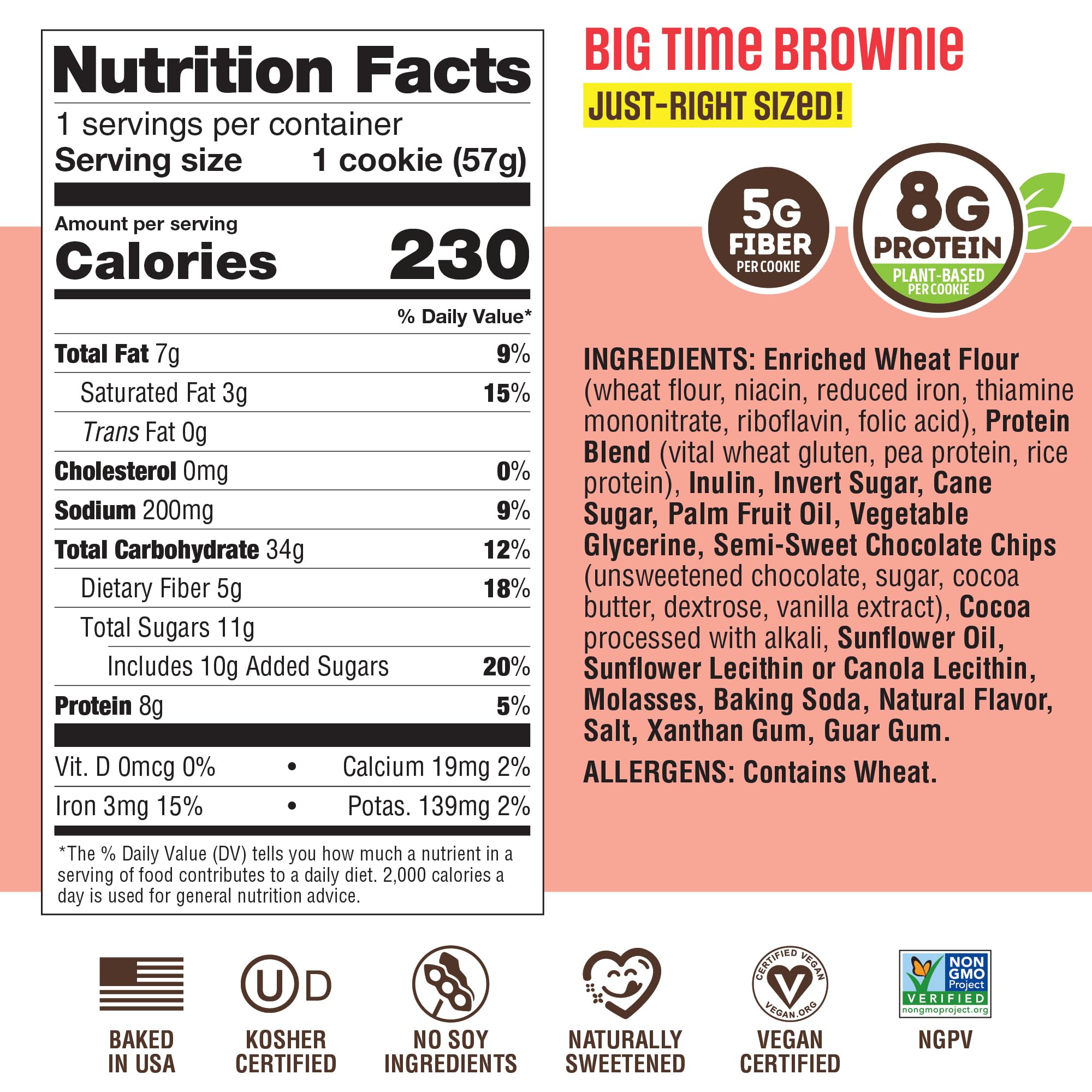 Lenny & Larry's etiqueta nutricional resaltando 8 g proteína y 5 g fibra