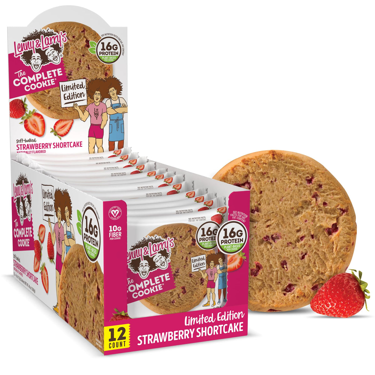Lenny & Larry's vista frontal del paquete mostrando sabor Strawberry Shortcake y beneficios