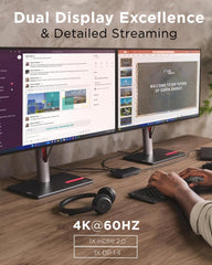 Lenovo estación conectada a dos monitores 4K demostrando productividad ampliada