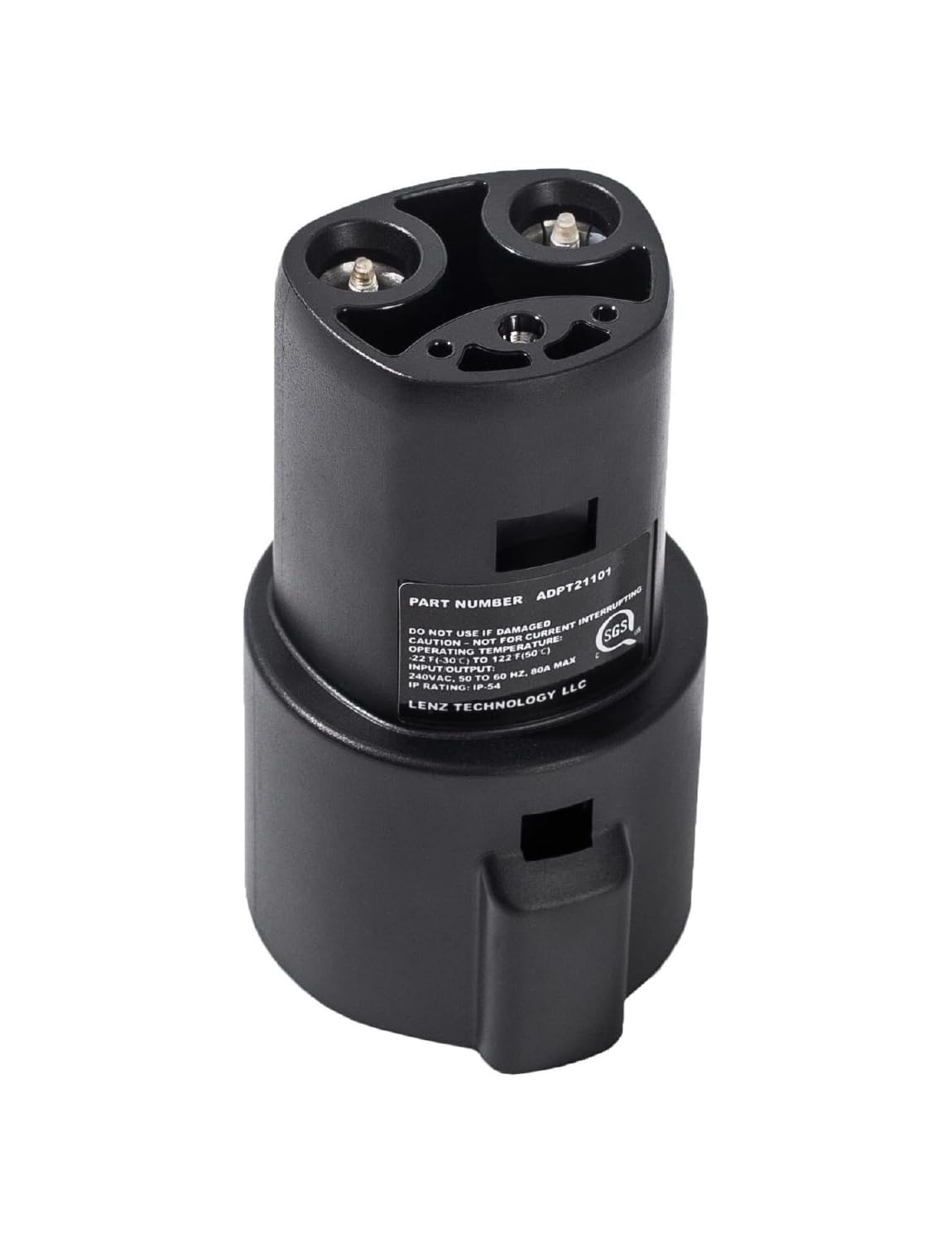 LENZ adaptador frontal mostrando el conector NACS y carcasa resistente, facilita conexión segura