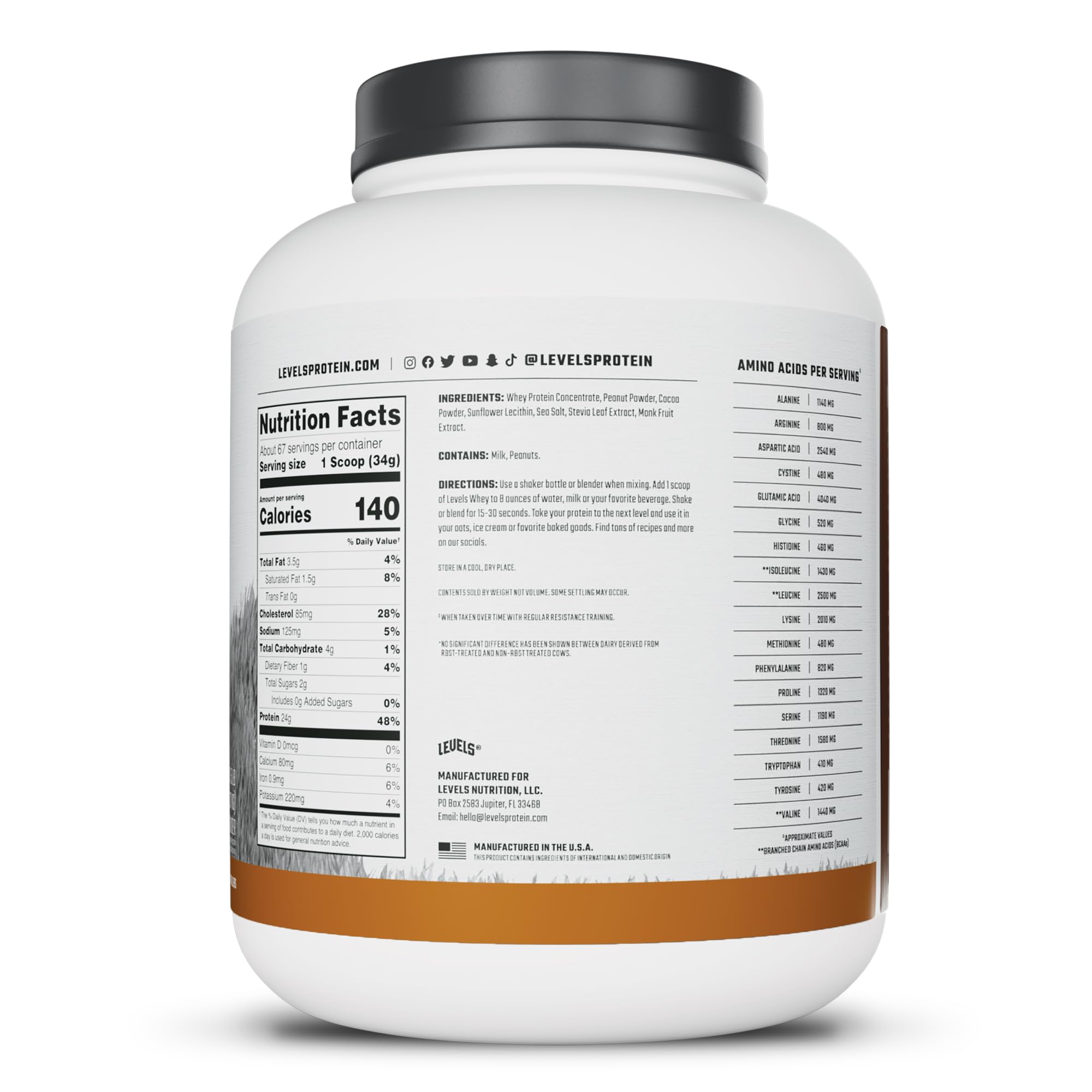 Levels Nutrition bote abierto con ingredientes visibles cacao y cacahuetes para transparencia
