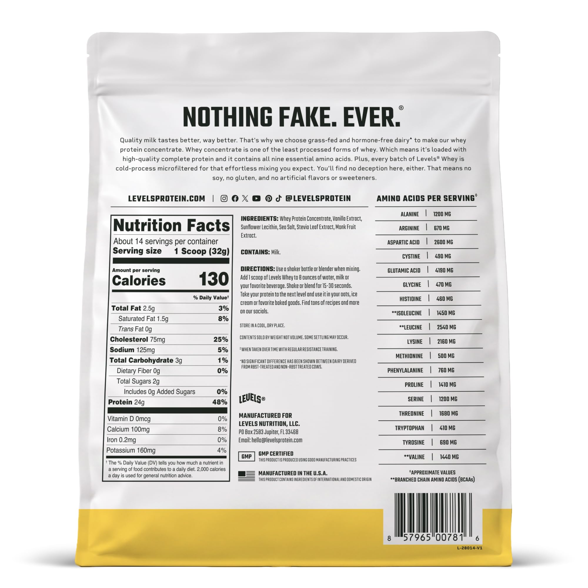 Detalle de la etiqueta nutricional de Levels Whey mostrando proteínas y BCAA