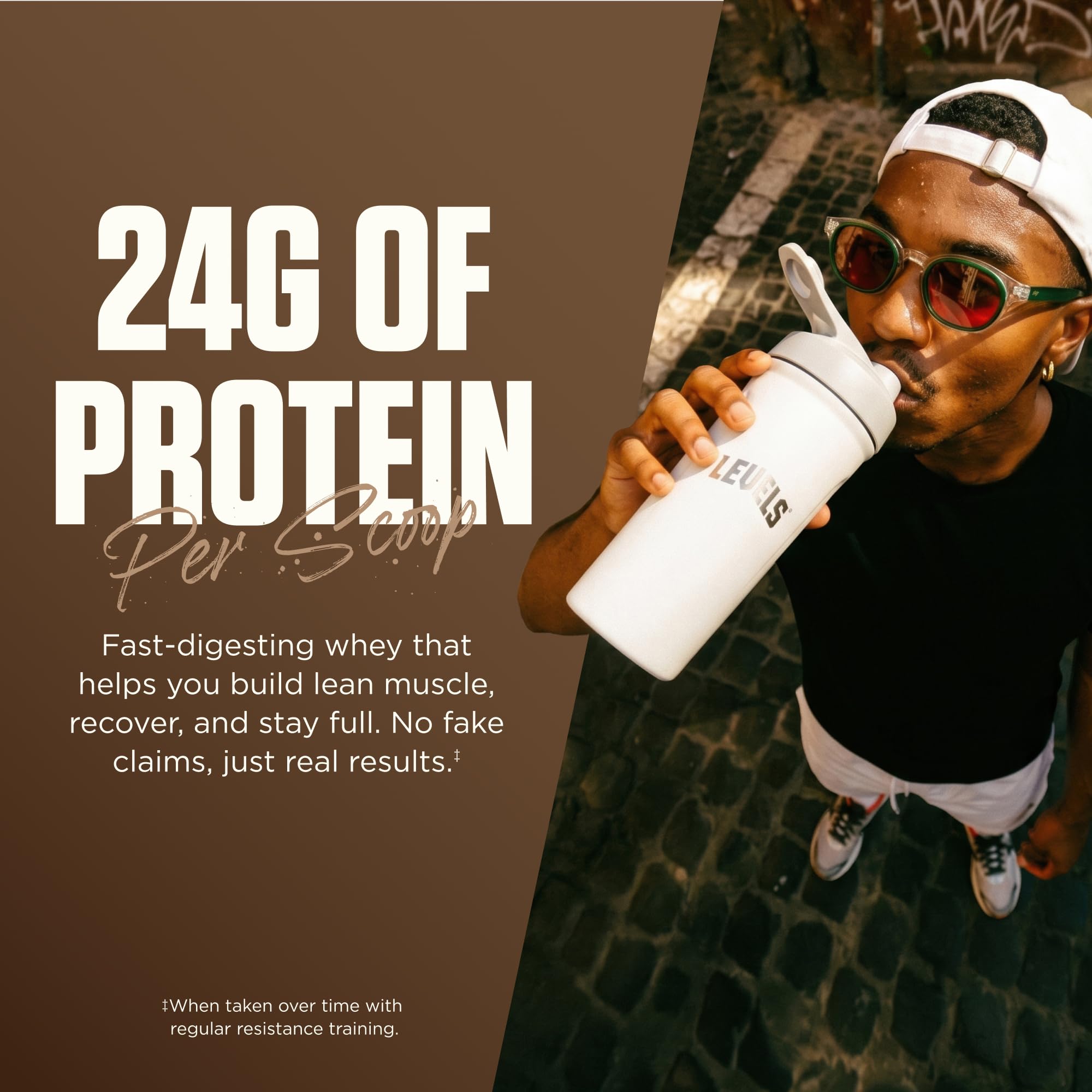 Levels Whey etiqueta nutricional en enfoque, muestra proteínas y BCAA por porción