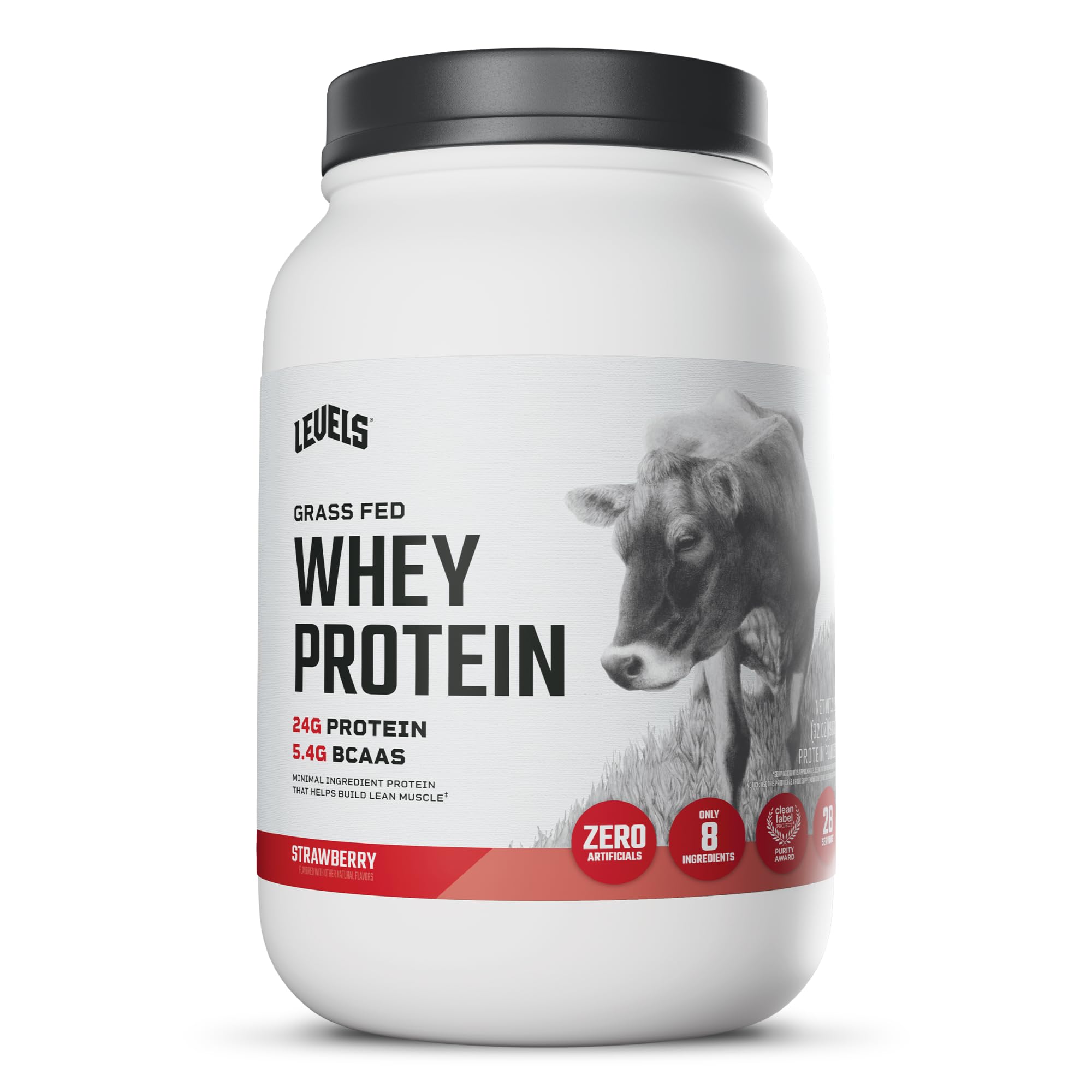 Levels Nutrition envase frontal de Whey fresa mostrando etiqueta y beneficio limpieza