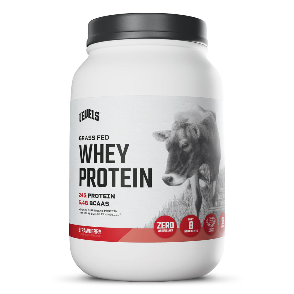 Levels Nutrition envase frontal de Whey fresa mostrando etiqueta y beneficio limpieza