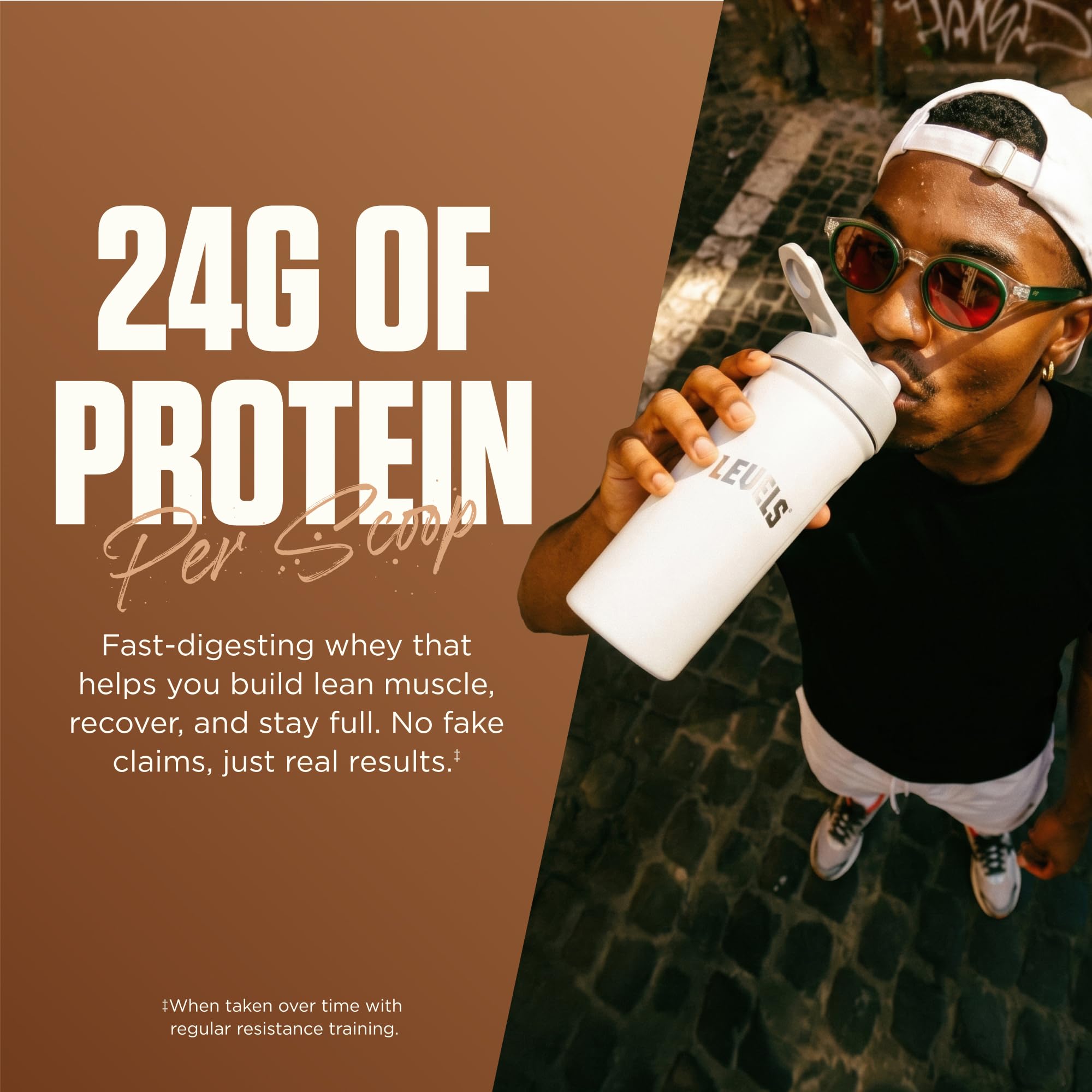 Levels Whey envase 2lb junto a una regla para escala, tamaño ideal para uso diario