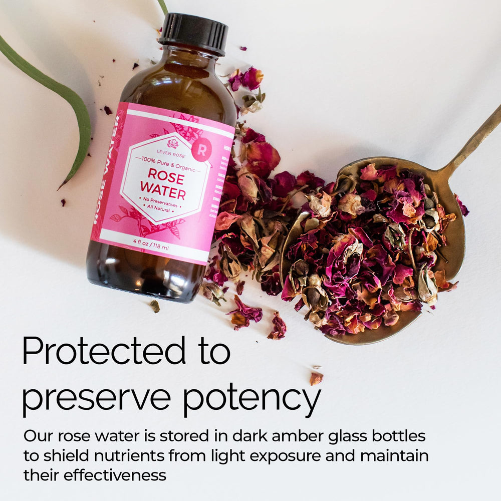 Leven Rose envase 4 oz junto a objetos para escala y portabilidad