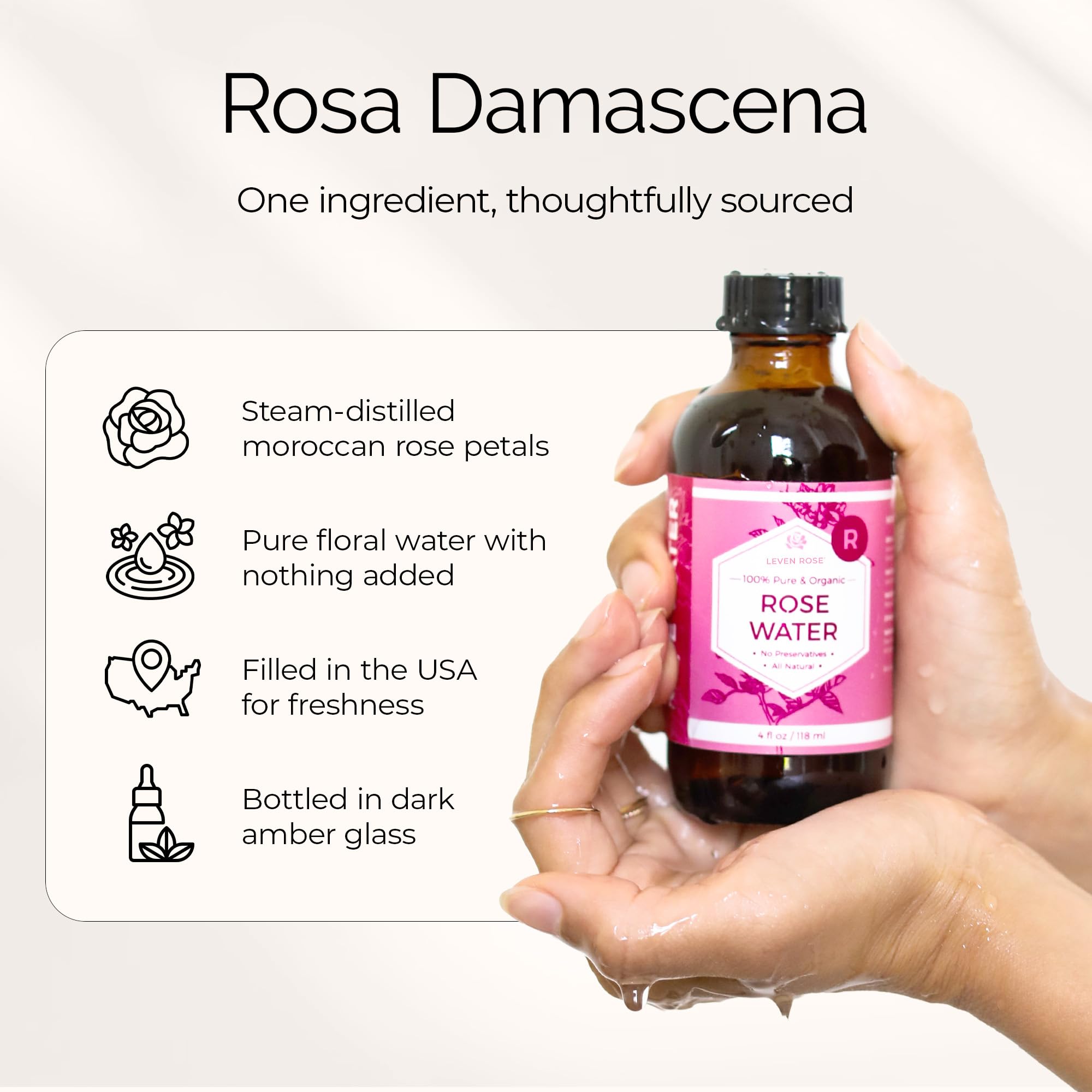 Leven Rose gotas sobre piel resaltando hidratación instantánea
