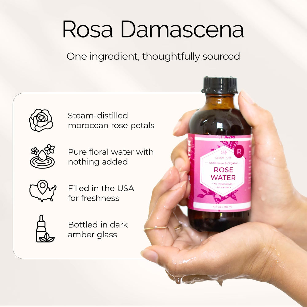 Leven Rose gotas sobre piel resaltando hidratación instantánea
