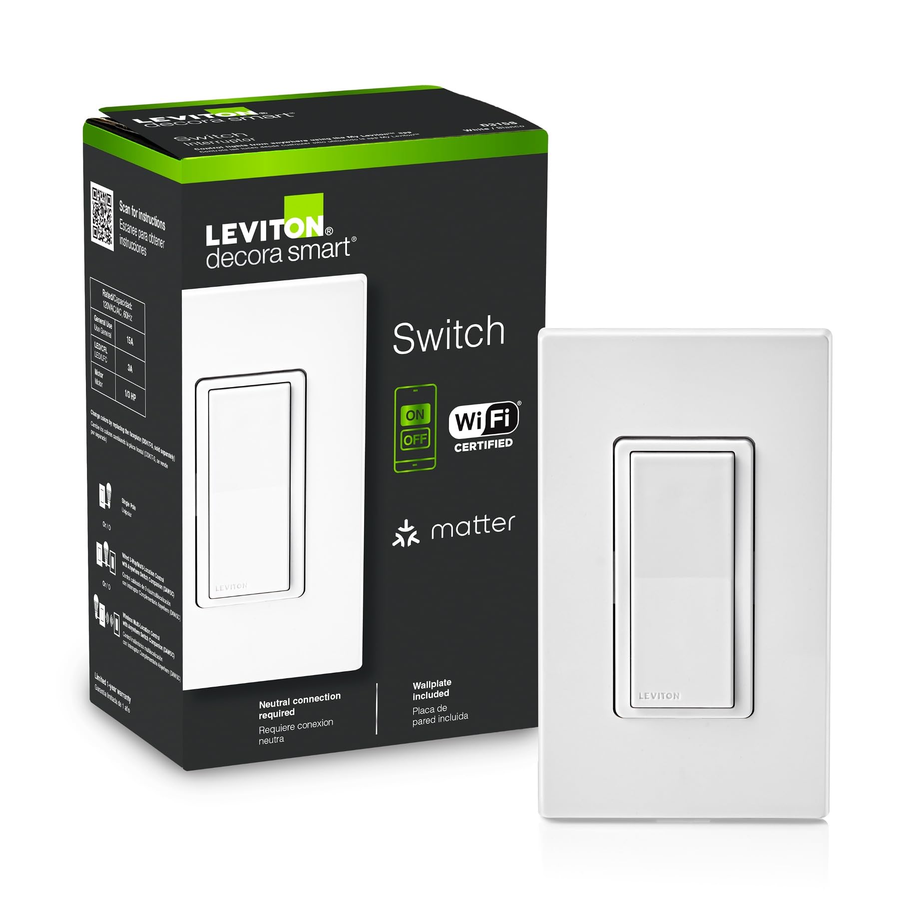 Leviton Decora vista frontal blanco con control inteligente y aspecto moderno