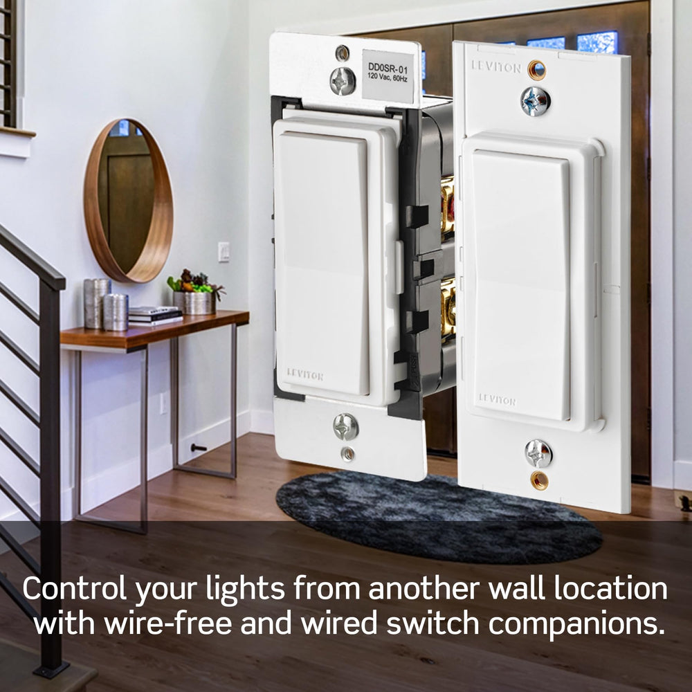 Leviton Decora con DAWSC companion demostrando control wire‑free multiubicación