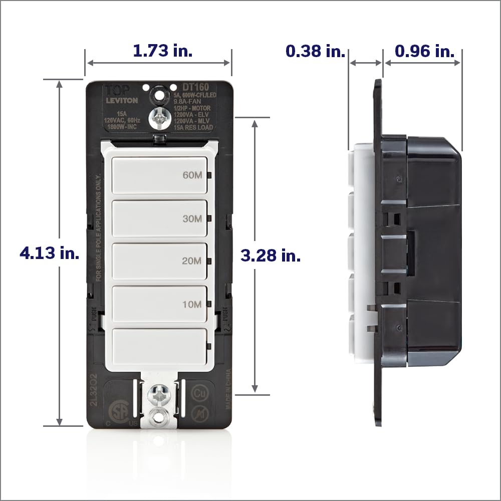 Leviton etiqueta técnica DT160-1LW con especificaciones de potencia claras