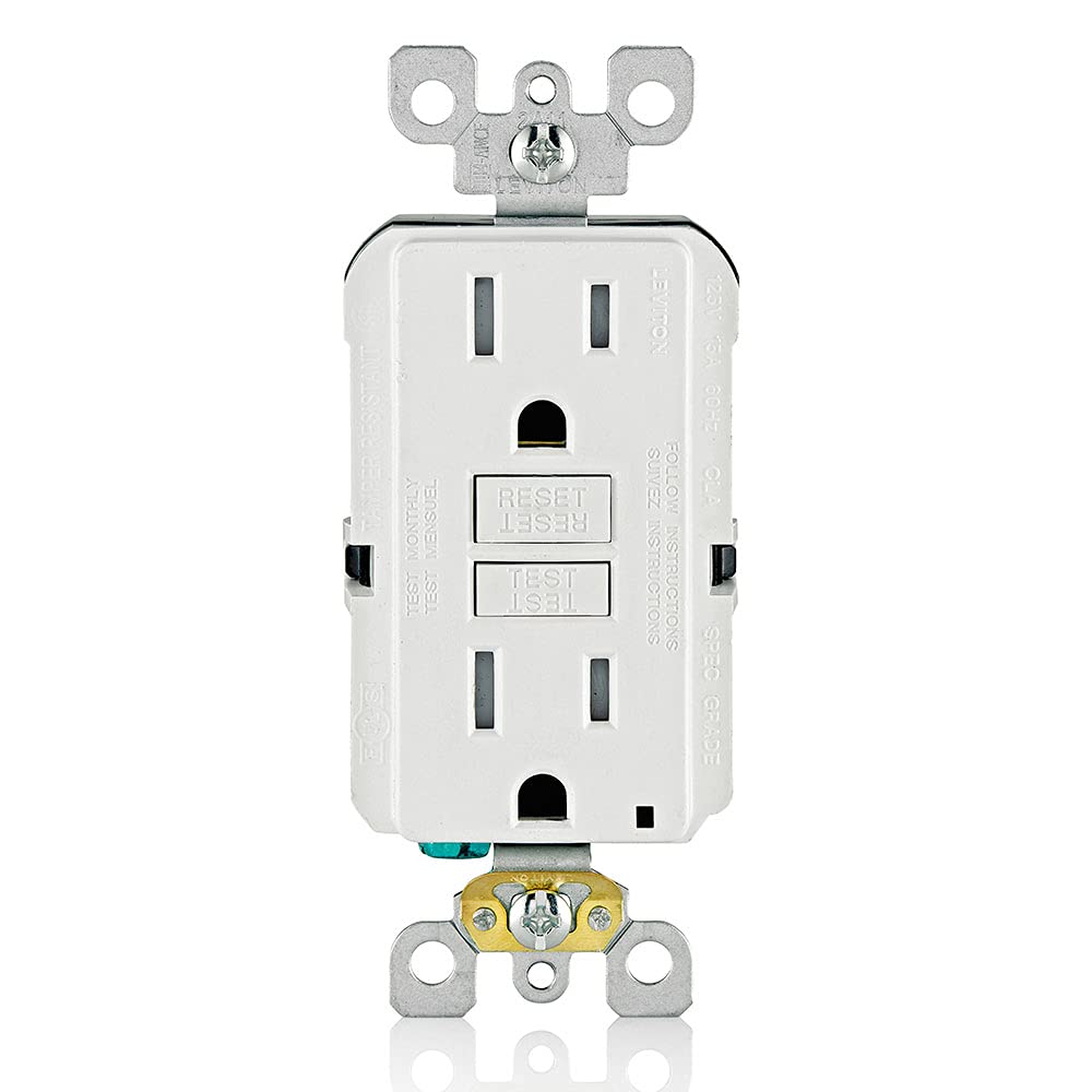 Leviton tomacorriente GFCI frontal blanco mostrando diseño y seguridad