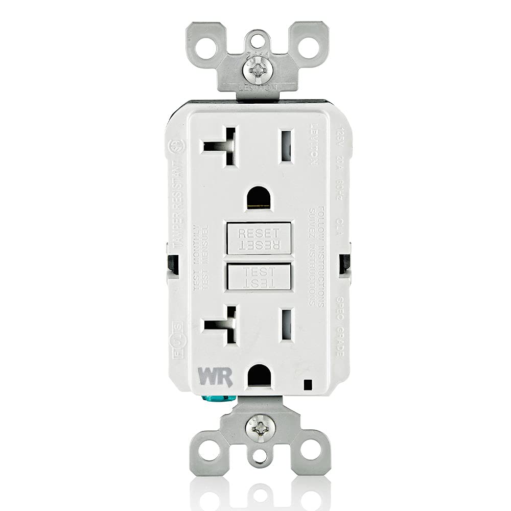 Leviton vista frontal del receptáculo GFCI mostrando tomas y botones, seguridad instantánea