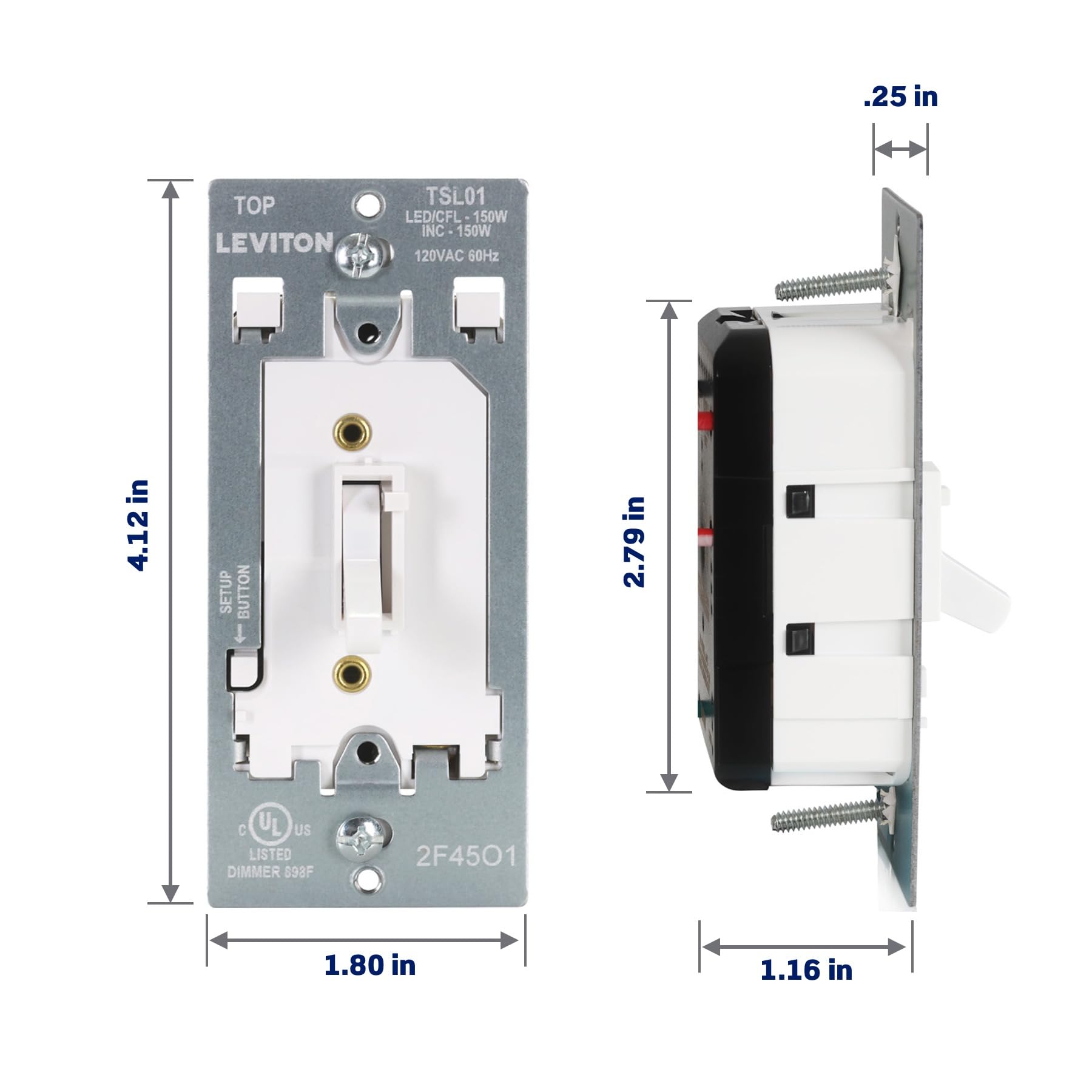 Leviton comparación de tamaño junto a una mano para apreciar perfil ultra delgado
