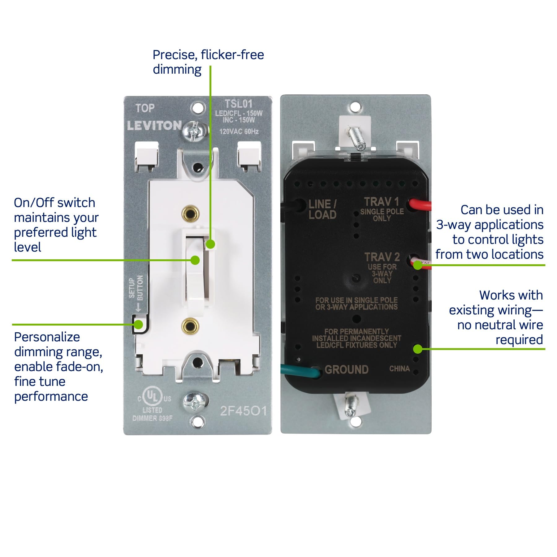 Leviton interruptor en sala encendido, ejemplo de ambiente regulable y confort