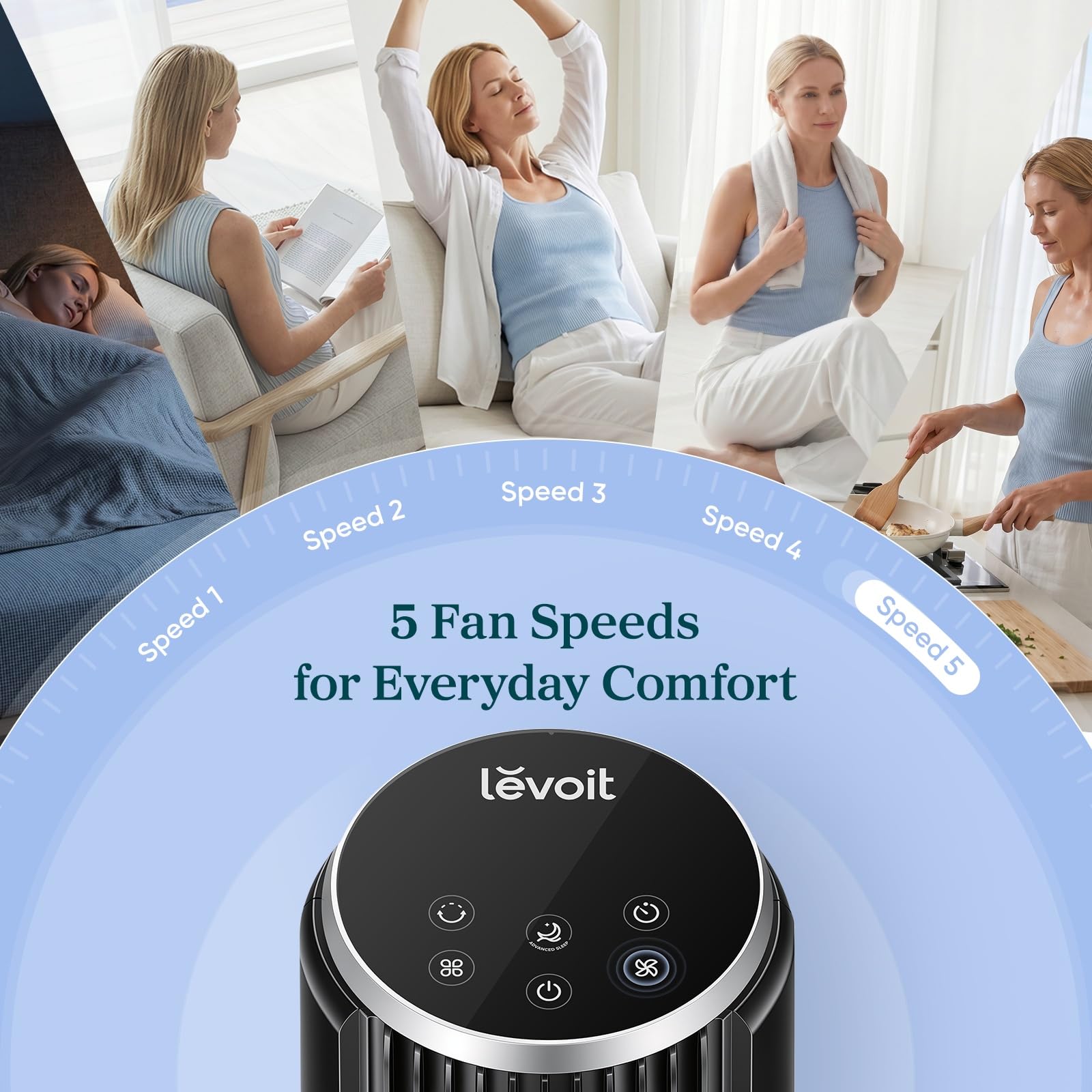 Levoit ventilador al lado de silla para comparar tamaño y encaje en espacios pequeños