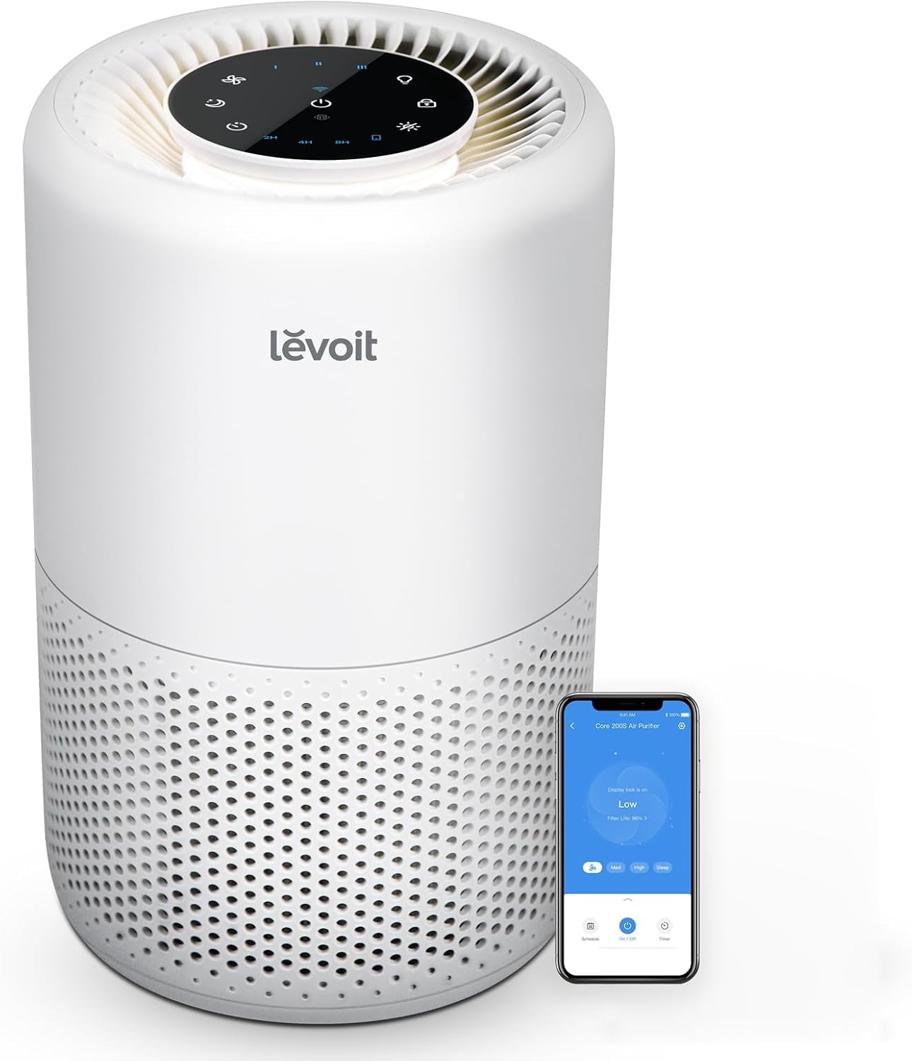 Levoit vista frontal del purificador mostrando diseño compacto y control fácil