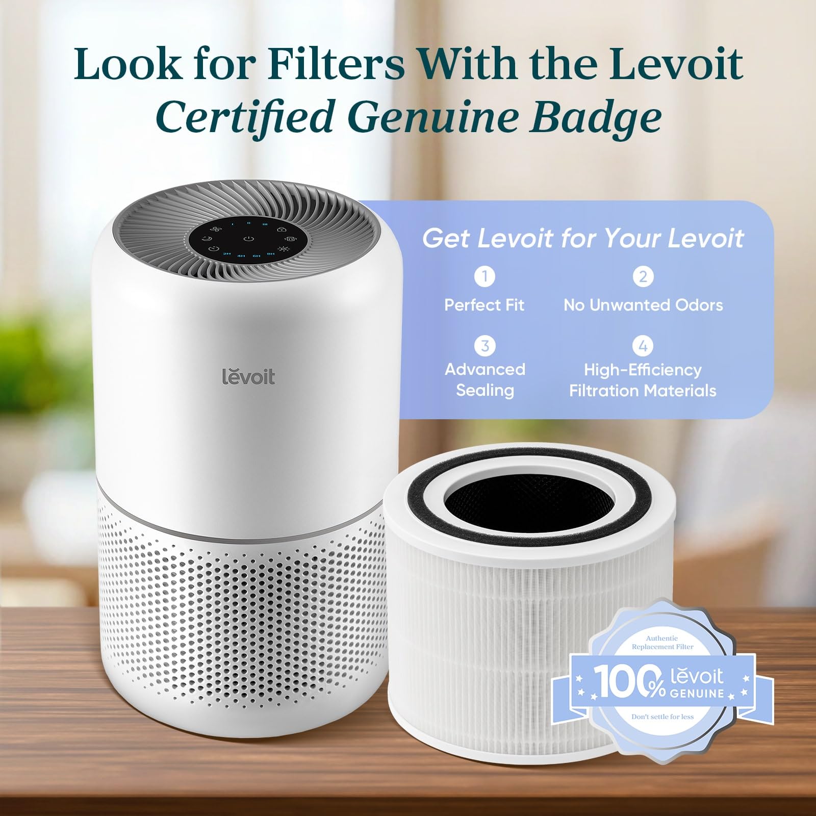 Levoit Core 300-P junto a una silla para comparar tamaño y adaptación al espacio
