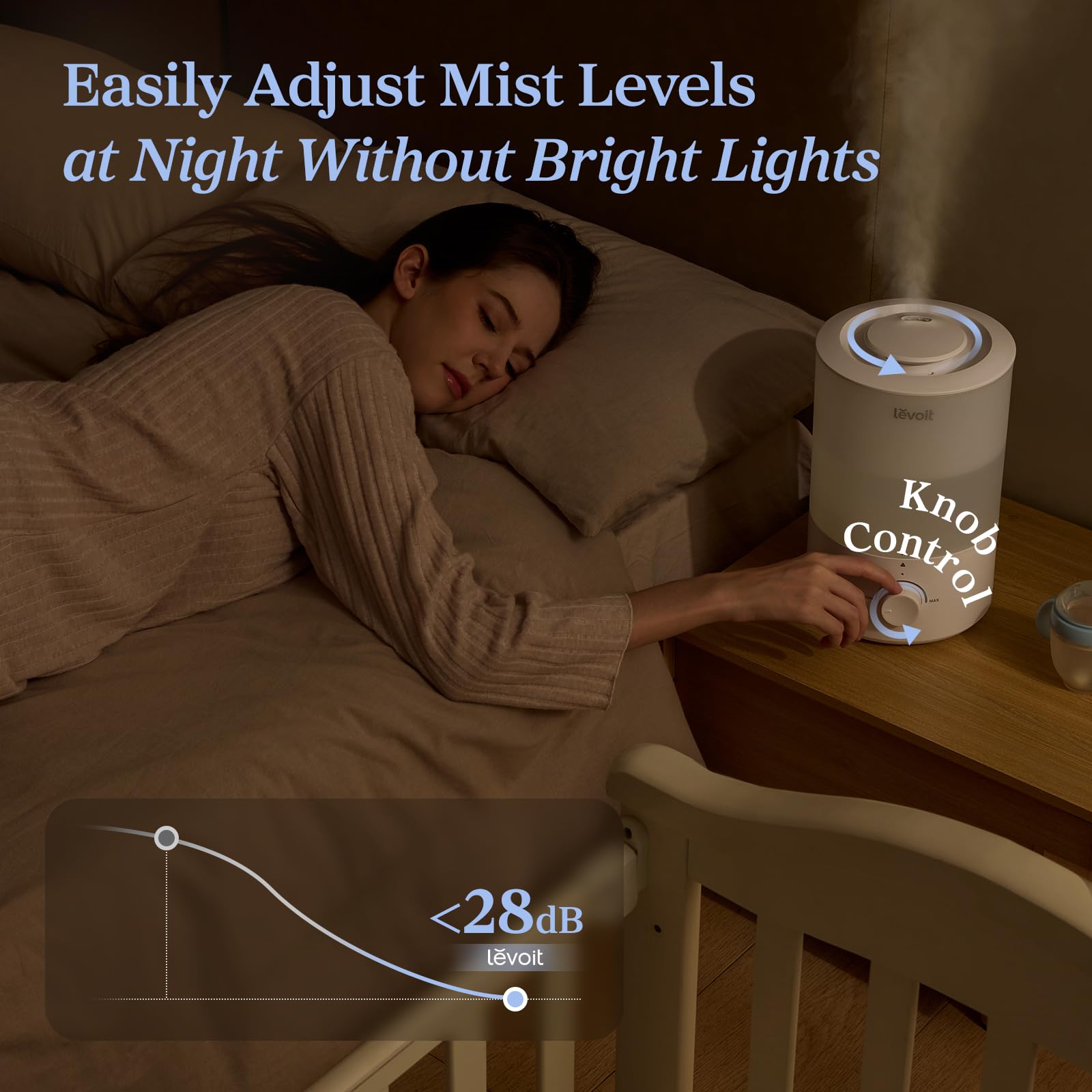 Levoit humidificador en dormitorio iluminado, noche silenciosa