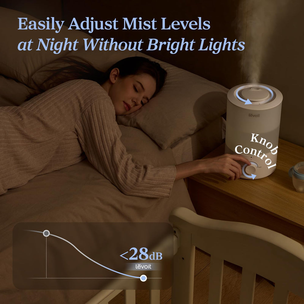 Levoit humidificador en dormitorio iluminado, noche silenciosa