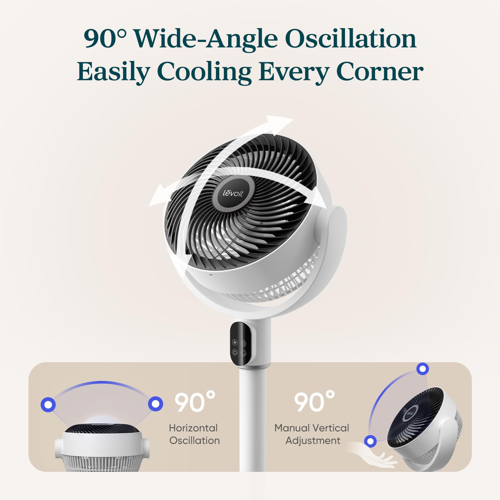 Levoit ventilador junto a silla para comparar tamaño y mostrar portabilidad