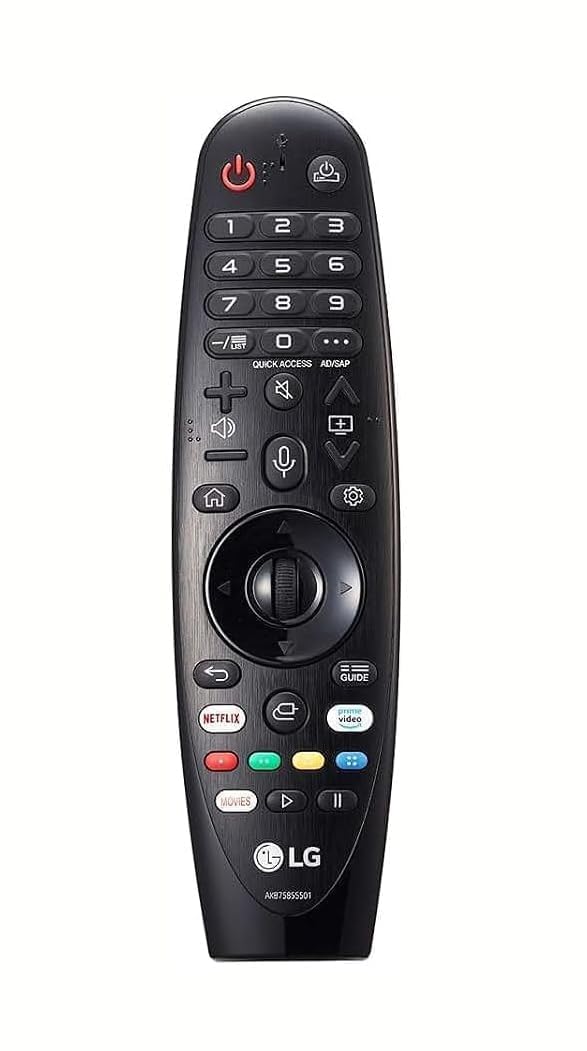 LG Magic Remote MR20GA frontal mostrando botones y atajos, mejora la navegación rápida