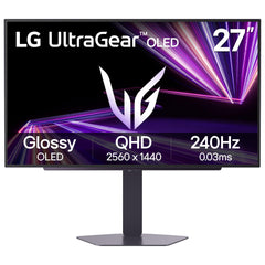 LG UltraGear frontal 27" mostrando pantalla QHD, mejora visual inmediata
