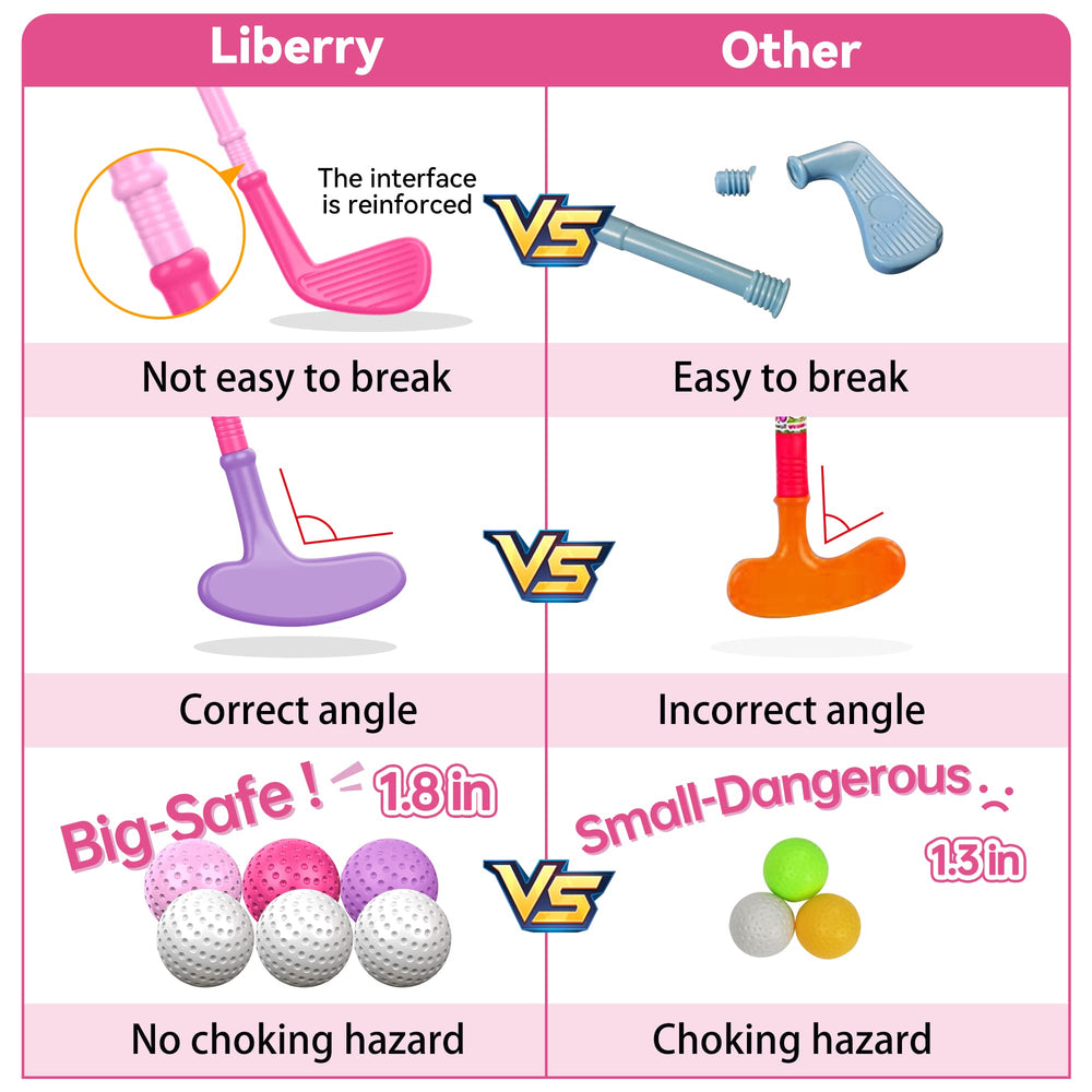 Liberry primer plano de mangos y ángulos de los clubs, imitan palo real seguro