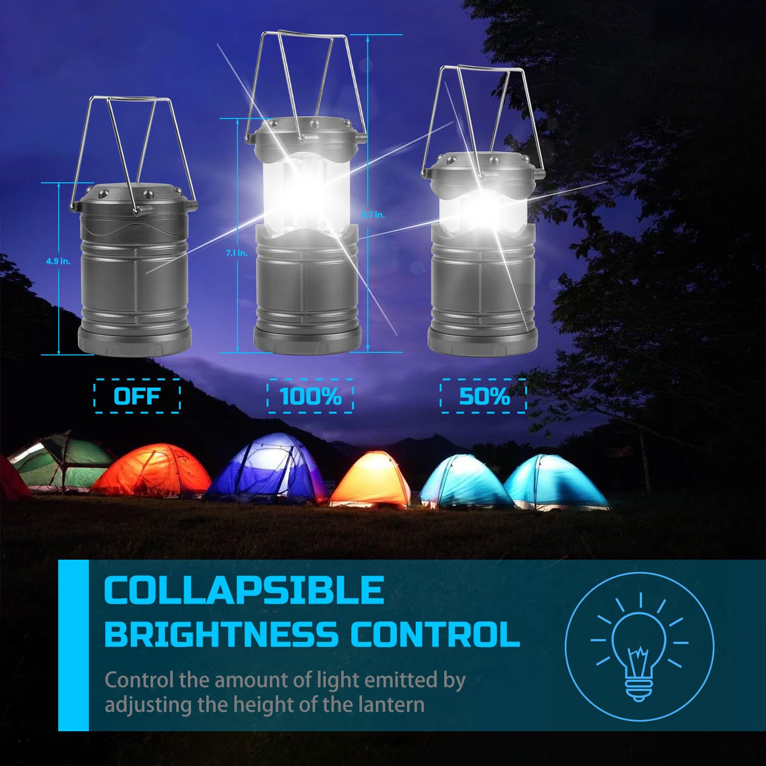 Lichamp linterna encendida en camping aportando iluminación amplia
