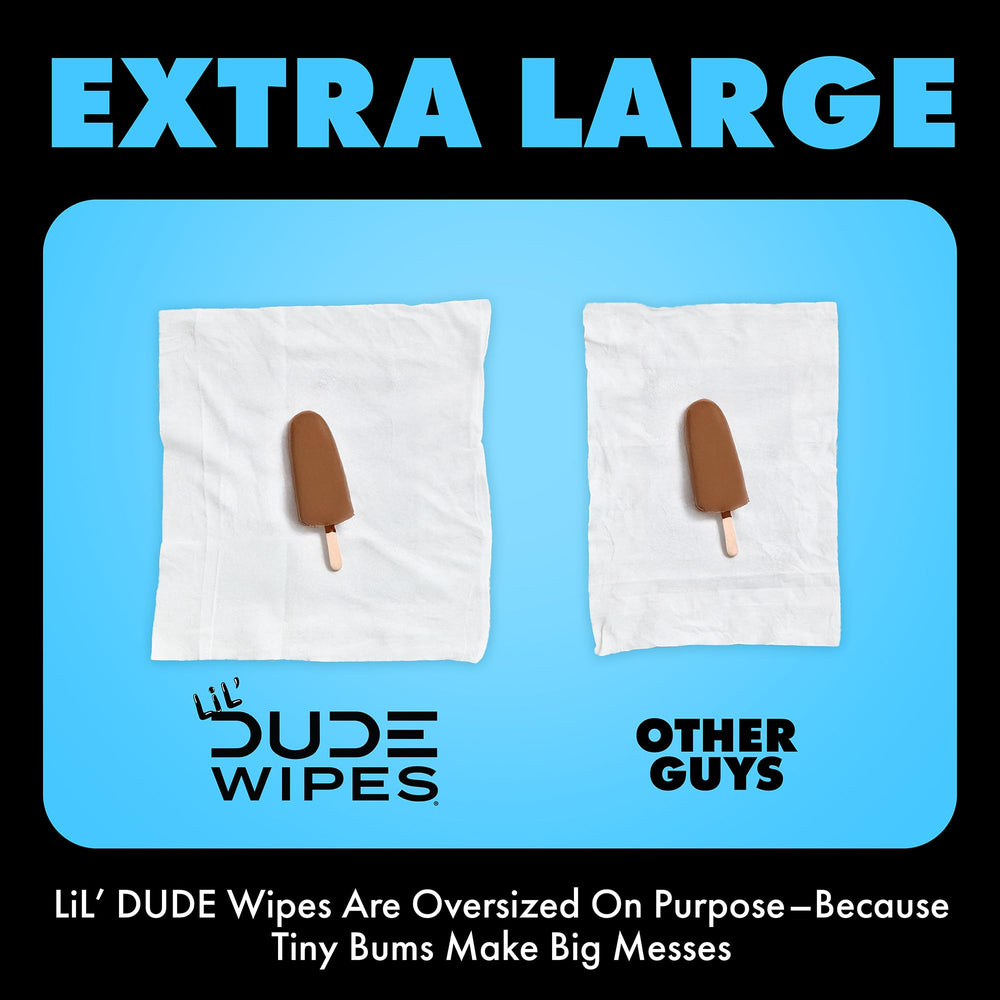 LiL' DUDE Wipes comparación de tamaño frente a papel higiénico mayor cobertura