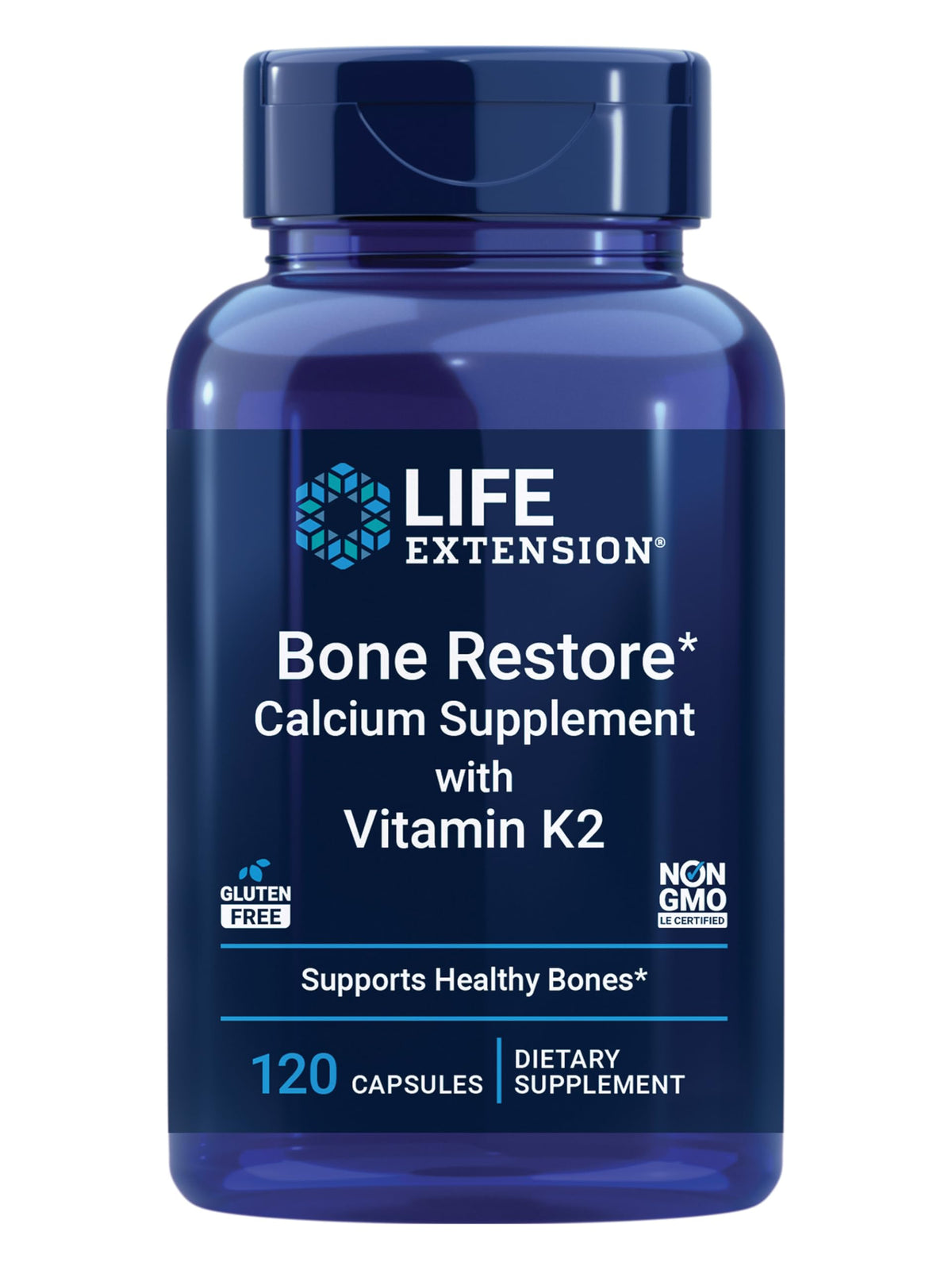 Life Extension frasco frontal del suplemento Bone Restore mostrando la marca y beneficios