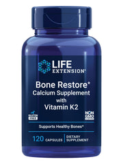 Life Extension frasco frontal del suplemento Bone Restore mostrando la marca y beneficios