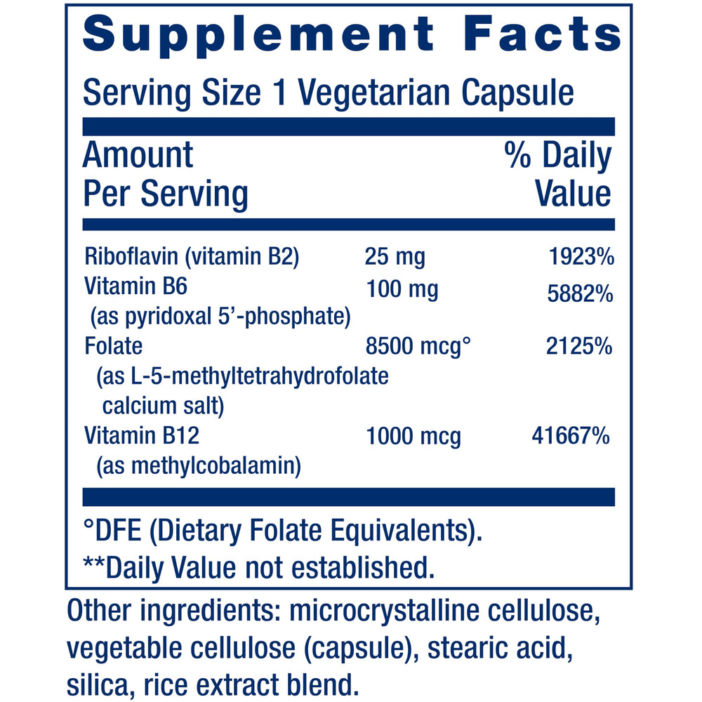 Life Extension detalle de la etiqueta con vitaminas B activas y dosificación clara