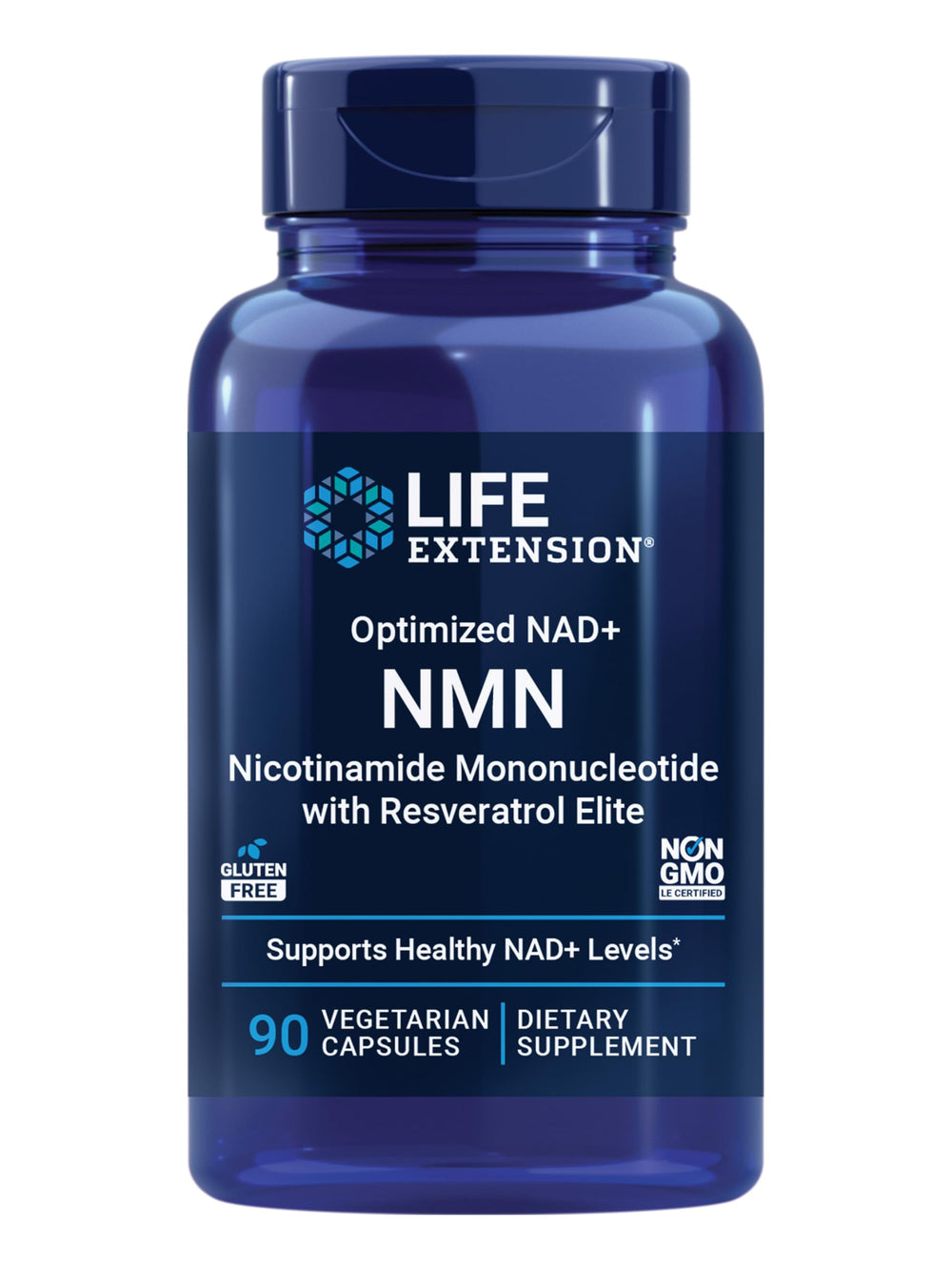 Life Extension frasco frontal del producto NMN con resveratrol para energía celular