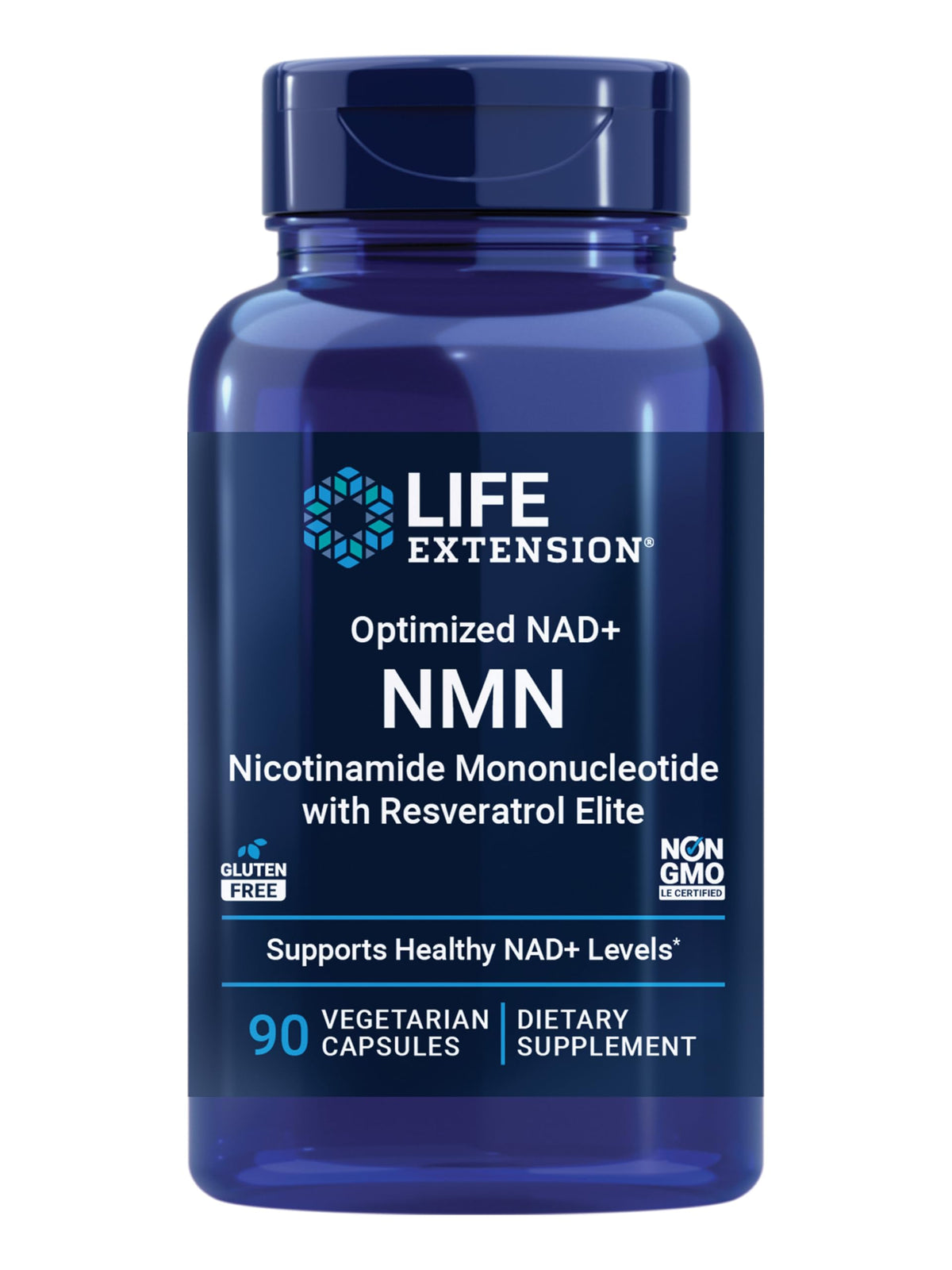 Life Extension frasco frontal del producto NMN con resveratrol para energía celular